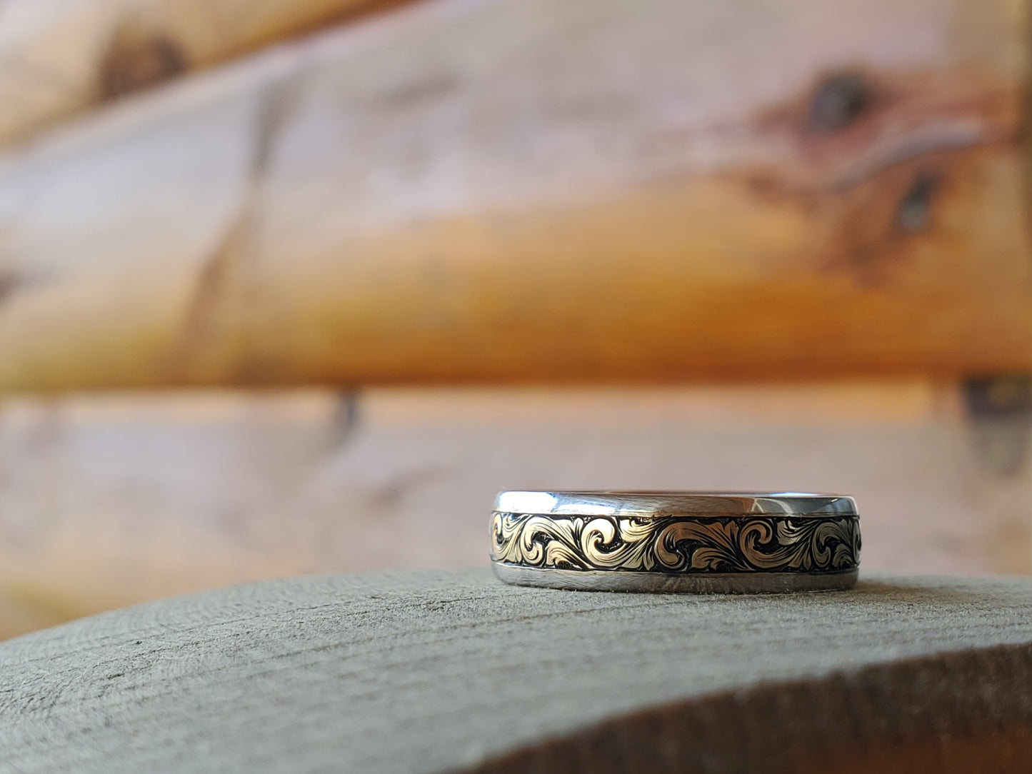 The Parker: Two-Tone Men's Band with Inlaid Yellow Gold Center, Western Men's Wedding Band, Cowboy Wedding Ring, Hand-Engraved Men's Band