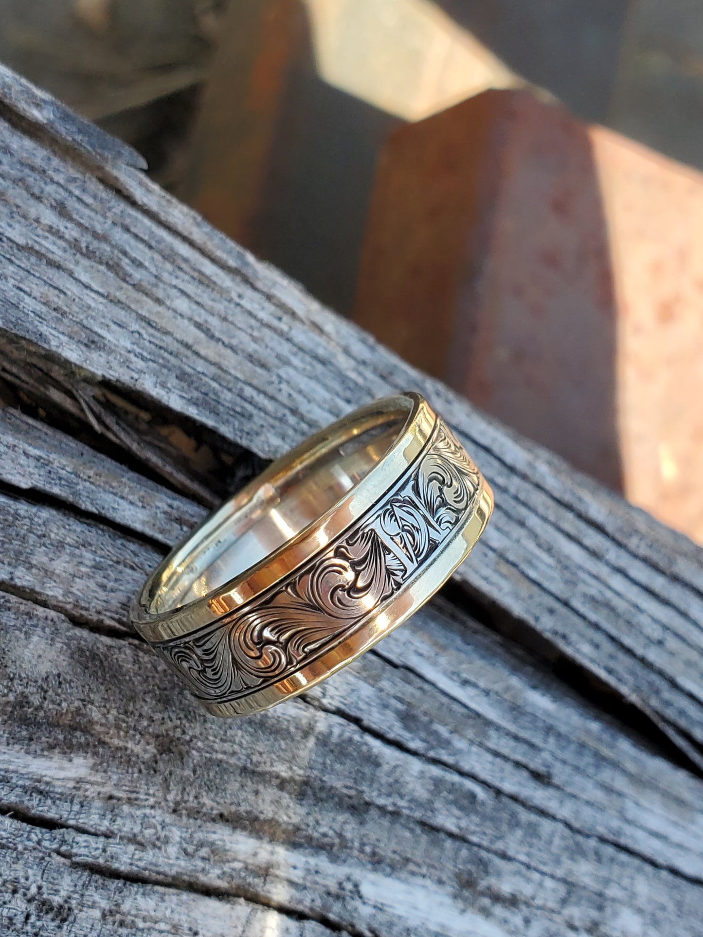The Milo: 8mm, 10K, 14K or 18K White and Yellow Gold Men's Western Wedding Band, Custom Engraved Initial, Hand-Engraved Cowboy Wedding Ring, Men's Engraved Wedding Band, 8mm Wedding Band for Men, Two-tone Men's Ring