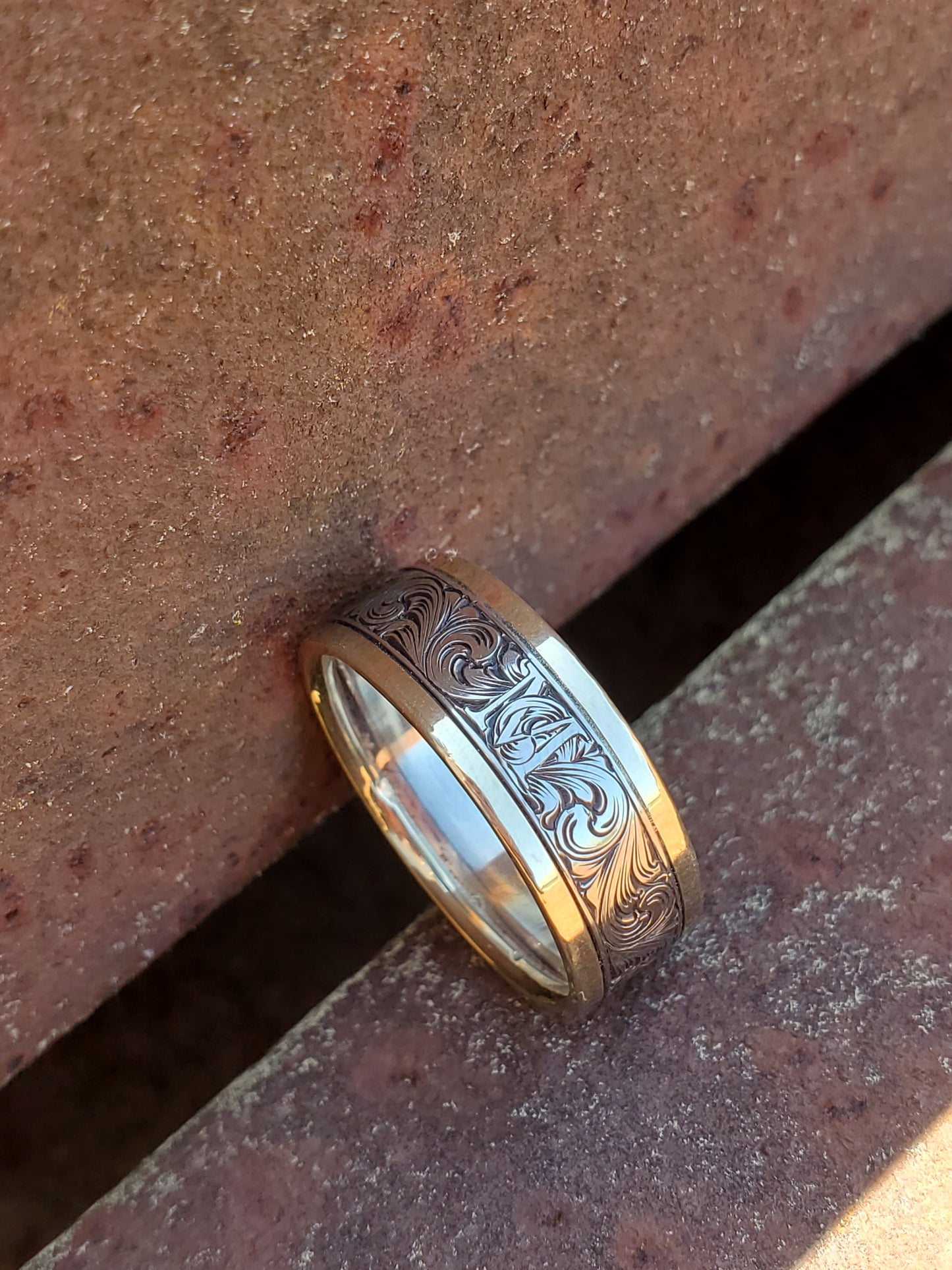 The Milo: 8mm, 10K, 14K or 18K White and Yellow Gold Men's Western Wedding Band, Custom Engraved Initial, Hand-Engraved Cowboy Wedding Ring, Men's Engraved Wedding Band, 8mm Wedding Band for Men, Two-tone Men's Ring