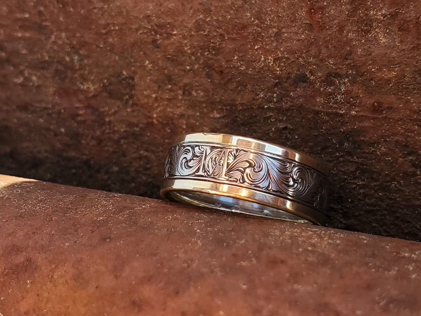 The Milo: 8mm, 10K, 14K or 18K White and Yellow Gold Men's Western Wedding Band, Custom Engraved Initial, Hand-Engraved Cowboy Wedding Ring, Men's Engraved Wedding Band, 8mm Wedding Band for Men, Two-tone Men's Ring