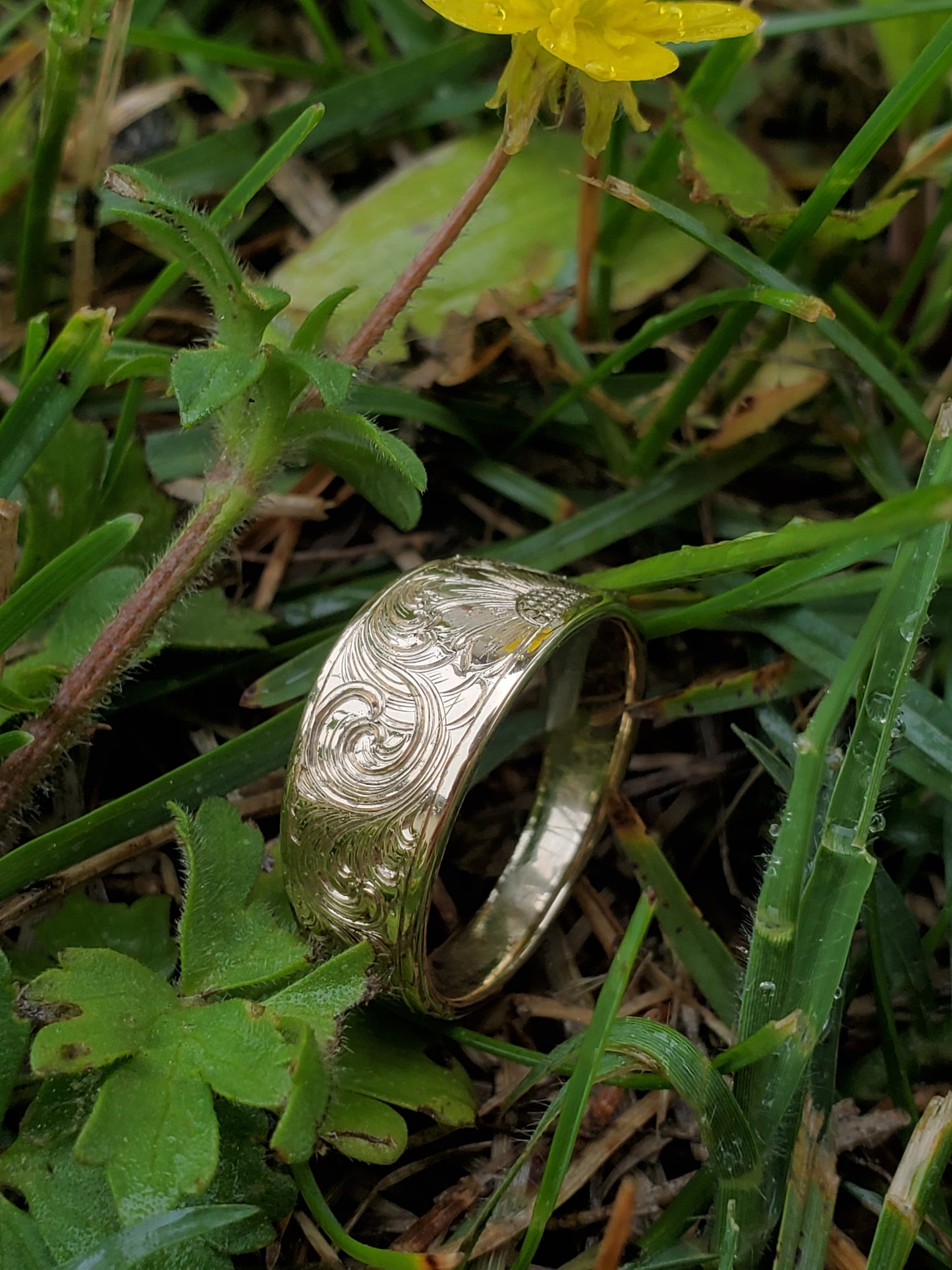 The Sunny: Sunflower Hand-Engraved 10K yellow gold Tapered floral hand-engraved ring, women's western jewelry, Cowgirl Sunflower Ring, Western Women's Band