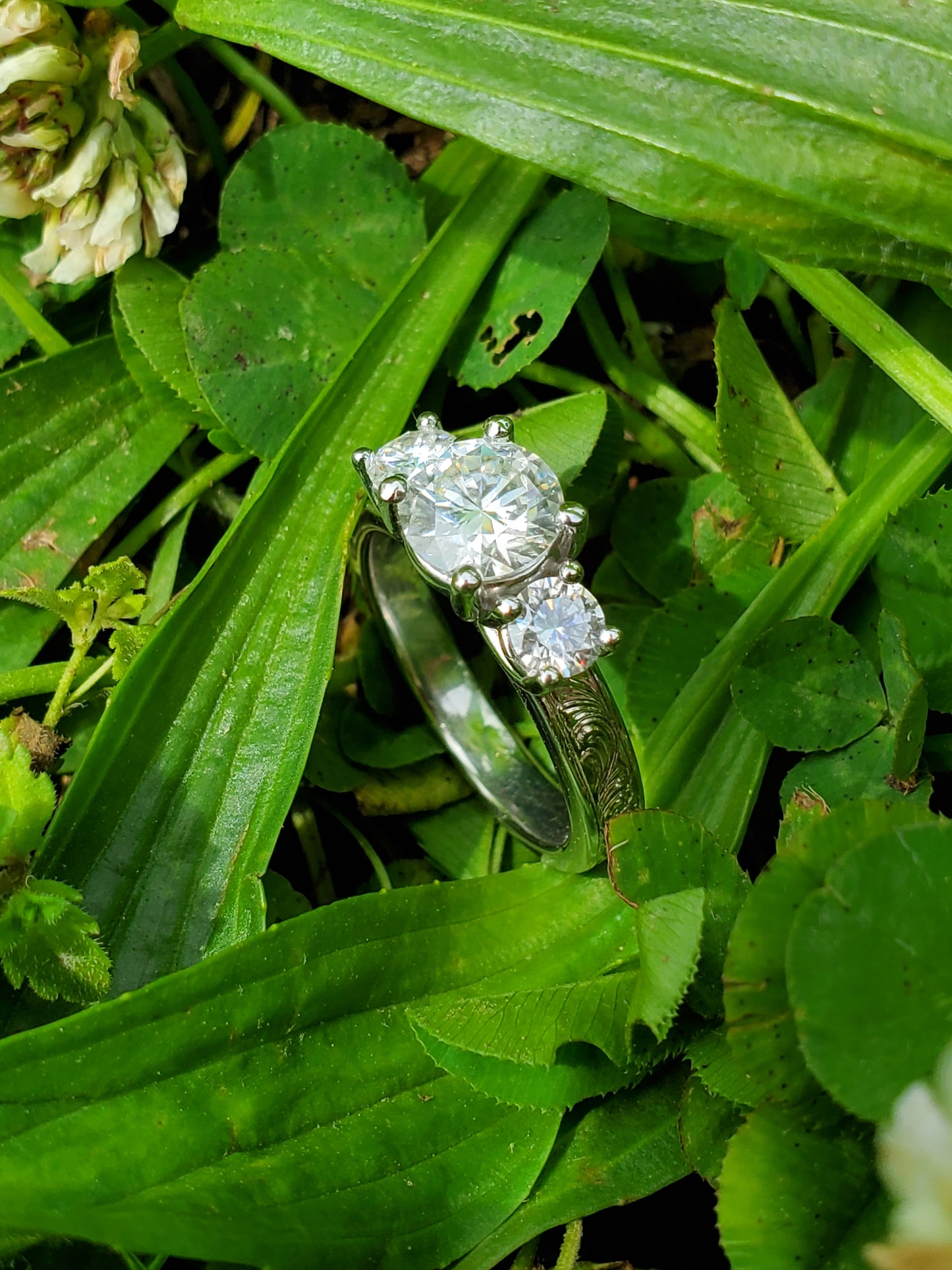 The Tatum: 10K White Gold Three-Stone Engagement Ring, Moissanite Engagement Ring, Western Engagement Ring