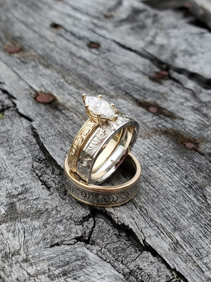 The Elaina Set, Wedding Ring Trio: 10K Yellow Gold & White gold ring set, Western Wedding Ring Set, Stackable Engagement Ring Set, Western Engagement Ring, Western Vintage Engagement Ring, Cowboy wedding bands