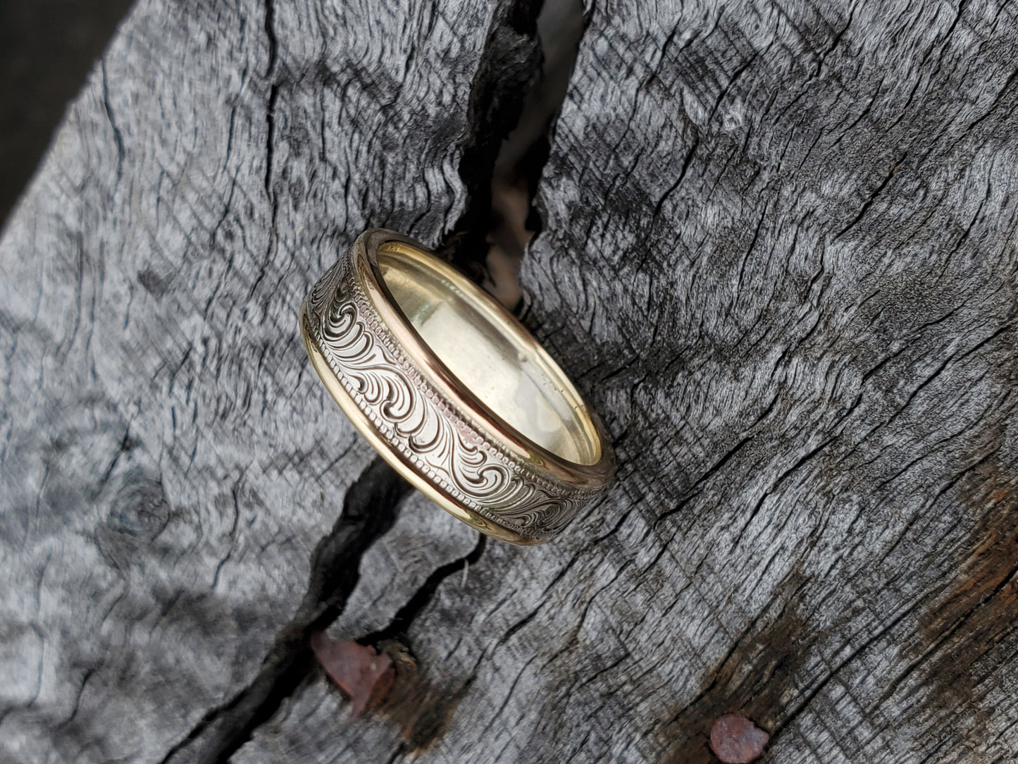 The Zeke: Two-tone 10K white and yellow gold Western Men's Wedding Band, Western Wedding Ring, Cowboy Wedding Band, Hand-Engraved Men's Ring