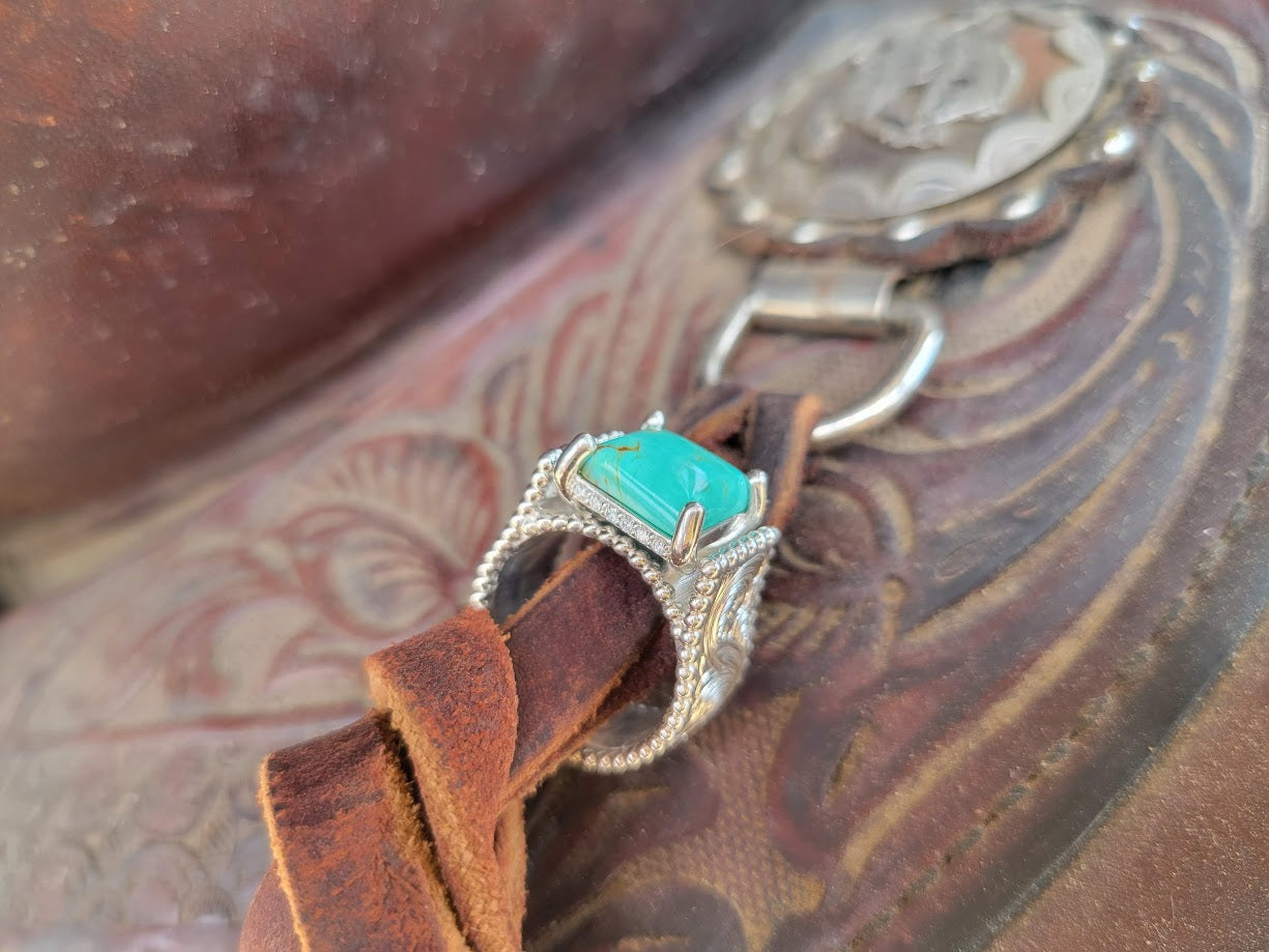 The Janet: Wide Sterling Silver Turquoise Ring with Hidden Diamond Halo, Turquoise Engagement Ring, Hand-Engraved Sunflower Ring, Cowgirl Engagement Ring, Hidden-Halo Turquoise Ring