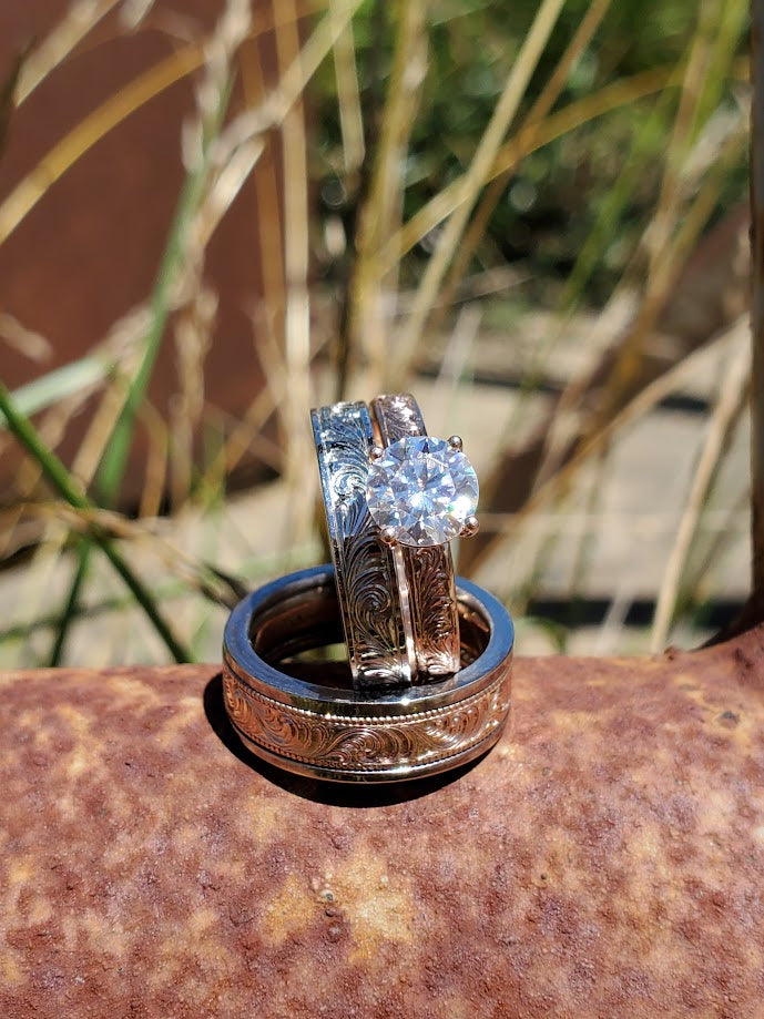 The Cora Set, Wedding Ring Trio: 10K Rose Gold & White gold ring set, Western Wedding Ring Set, Stackable Engagement Ring Set, Western Engagement Ring, Western Vintage Engagement Ring, Cowgirl Ring Set