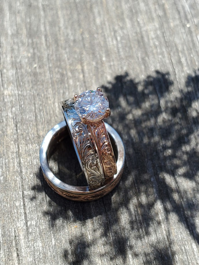 The Cora Set, Wedding Ring Trio: 10K Rose Gold & White gold ring set, Western Wedding Ring Set, Stackable Engagement Ring Set, Western Engagement Ring, Western Vintage Engagement Ring, Cowgirl Ring Set