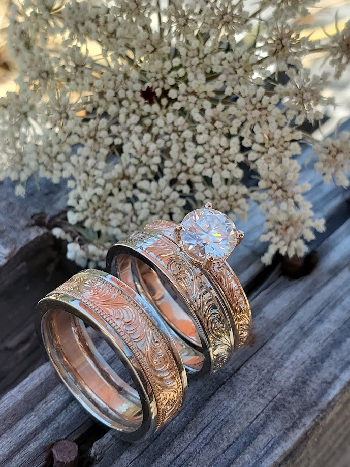 The Cora Set, Wedding Ring Trio: 10K Rose Gold & White gold ring set, Western Wedding Ring Set, Stackable Engagement Ring Set, Western Engagement Ring, Western Vintage Engagement Ring, Cowgirl Ring Set