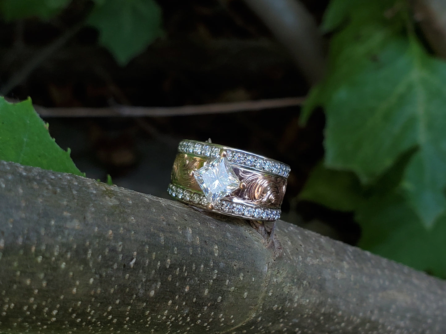 The Naomi: Rose Gold Channel Set Diamond Engagement Ring, Diagonal Setting with Diamond or Moissanite, Cowgirl Engagement Ring, Hand-Engraved Engagement Ring