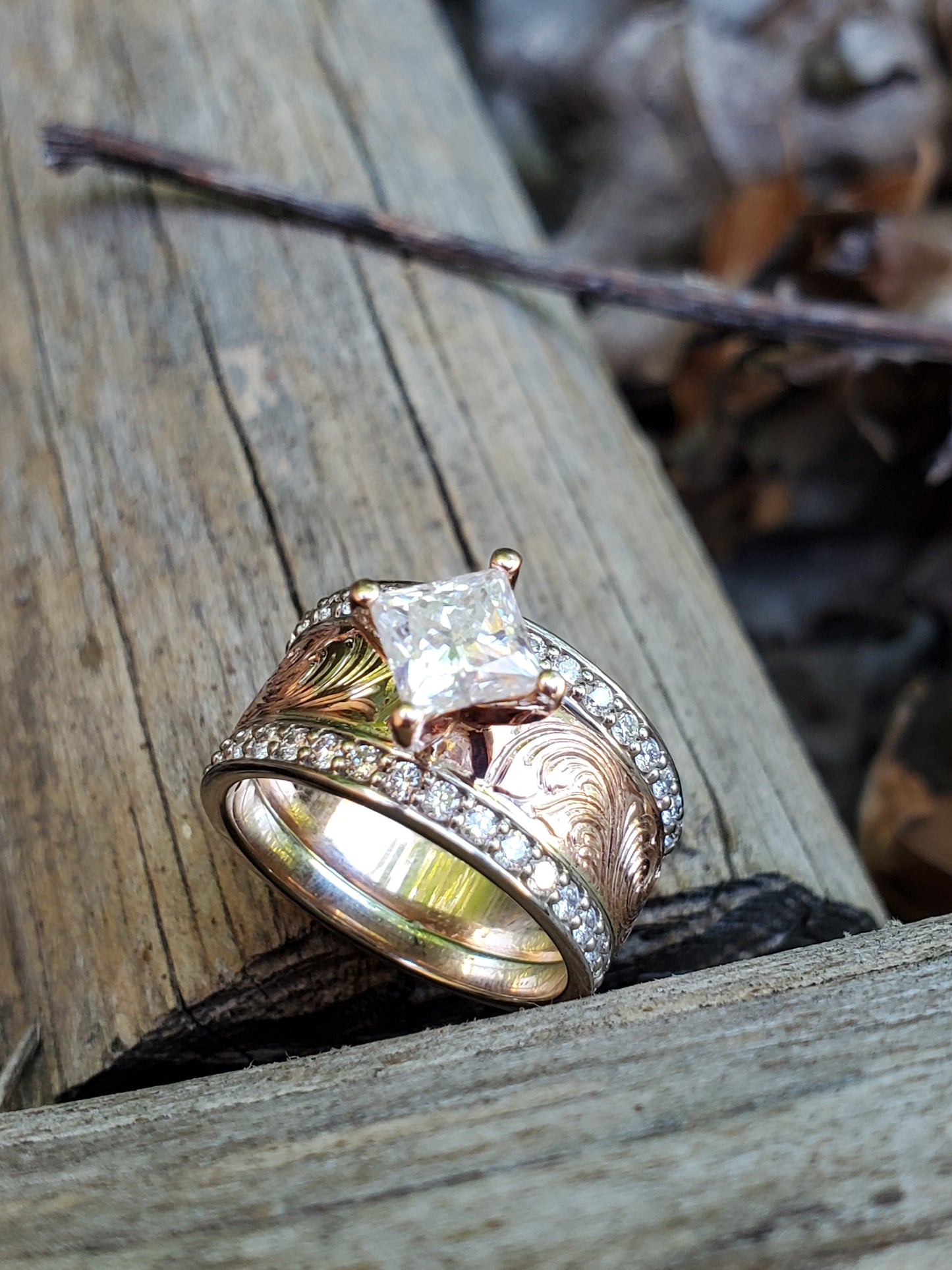 The Naomi: Rose Gold Channel Set Diamond Engagement Ring, Diagonal Setting with Diamond or Moissanite, Cowgirl Engagement Ring, Hand-Engraved Engagement Ring