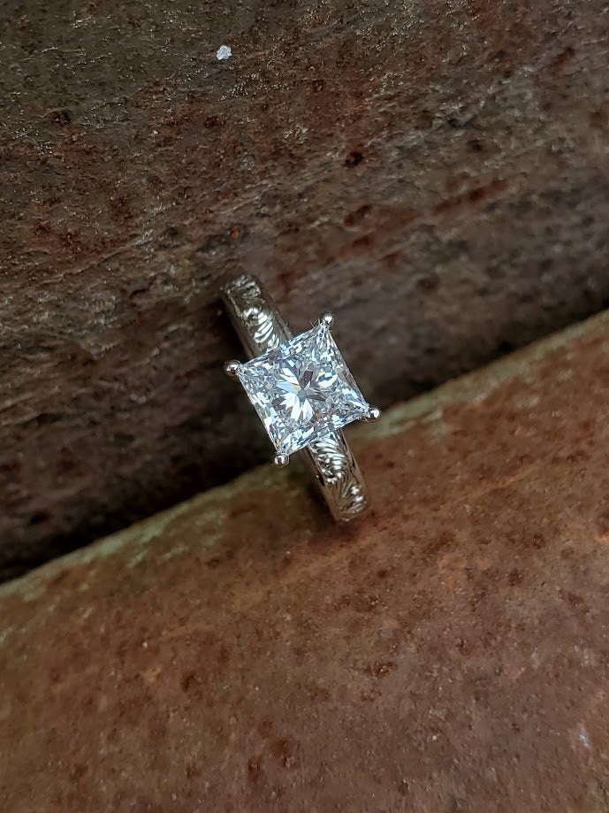 The Tamara: 2 - 2.75 ct. Princess Cut 10K or 14K White Gold Engagement Ring, Western Engagement Ring, Cowgirl Ring, Western Wedding Ring
