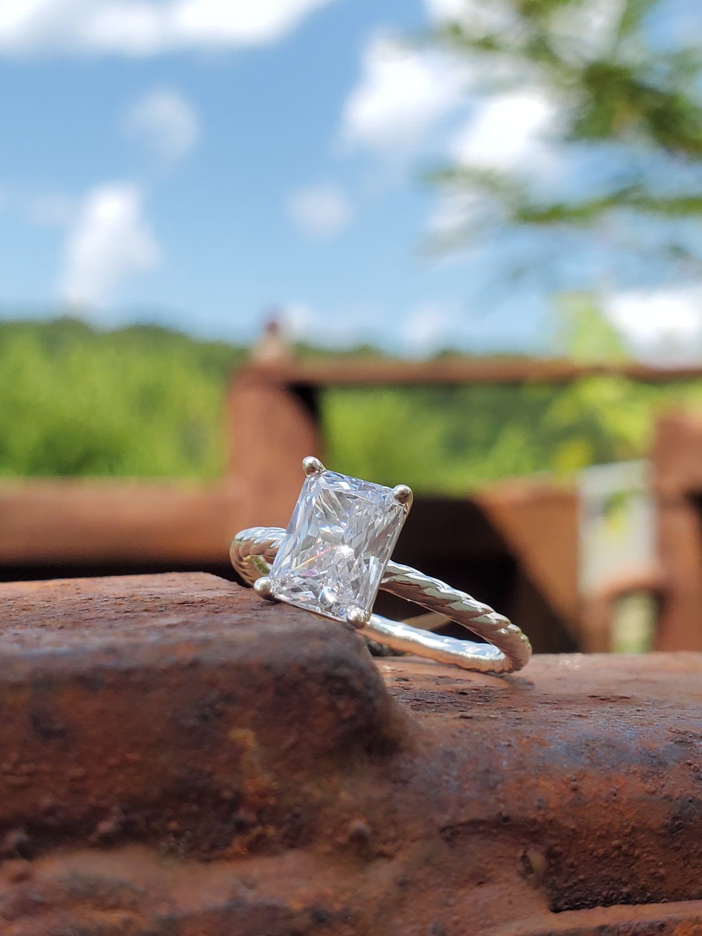 The Mariann: 10K White Gold or Sterling Silver Rope Ring With 1.5 ct. Radiant Moissanite or CZ, Western Engagement Ring, Western Wedding Band, Cowgirl Ring, Rope Engagement Ring