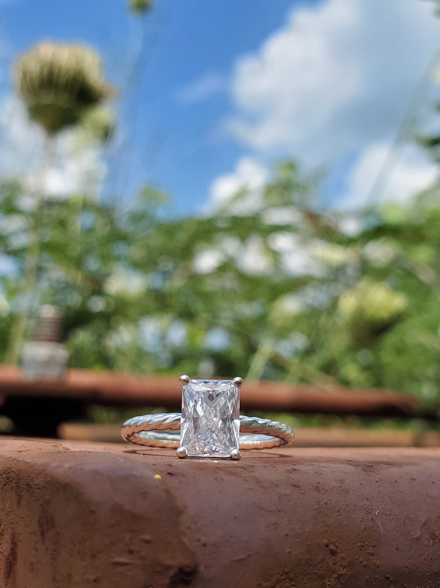 The Mariann: 10K White Gold or Sterling Silver Rope Ring With 1.5 ct. Radiant Moissanite or CZ, Western Engagement Ring, Western Wedding Band, Cowgirl Ring, Rope Engagement Ring