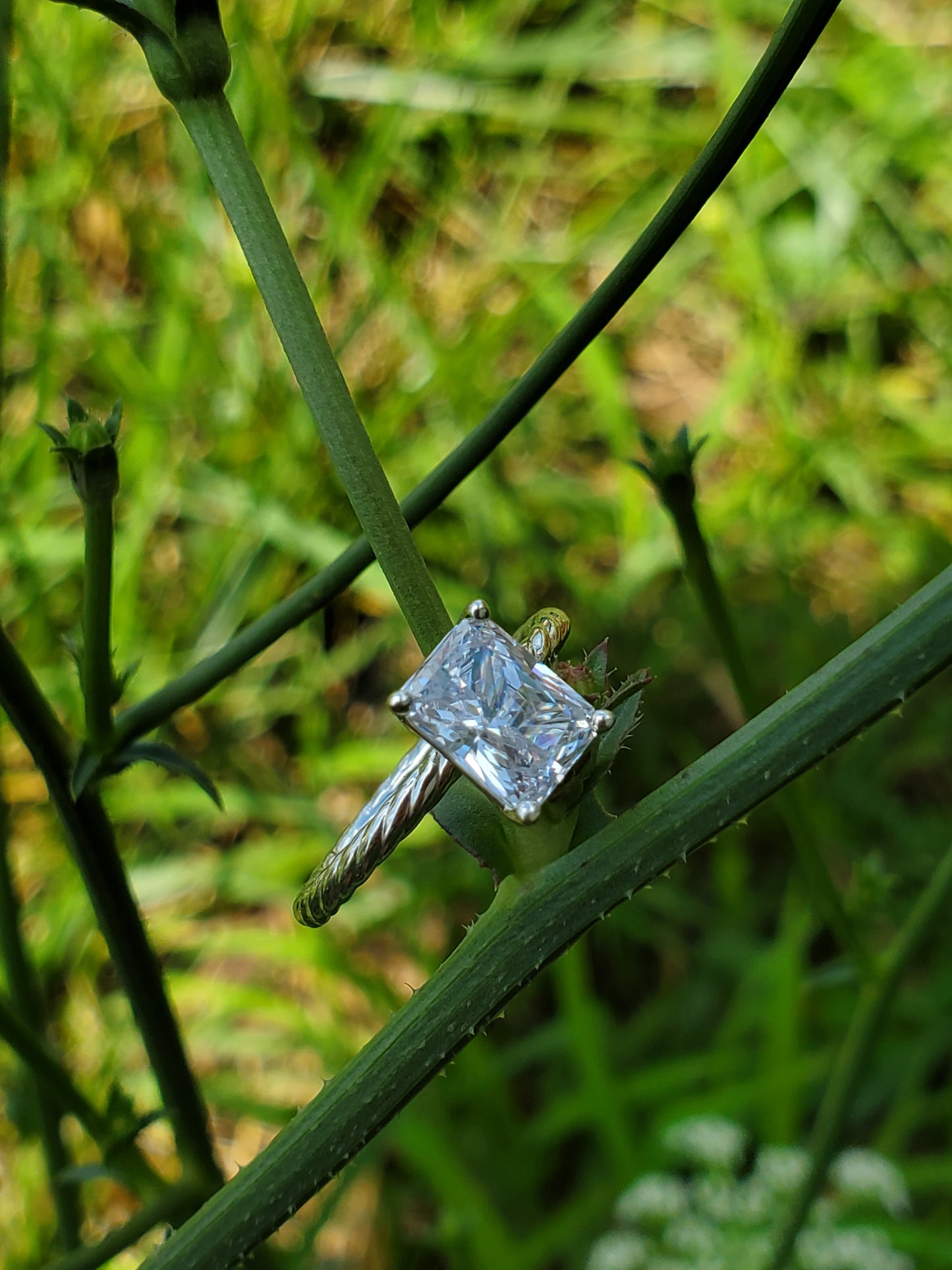 The Mariann: 10K White Gold or Sterling Silver Rope Ring With 1.5 ct. Radiant Moissanite or CZ, Western Engagement Ring, Western Wedding Band, Cowgirl Ring, Rope Engagement Ring