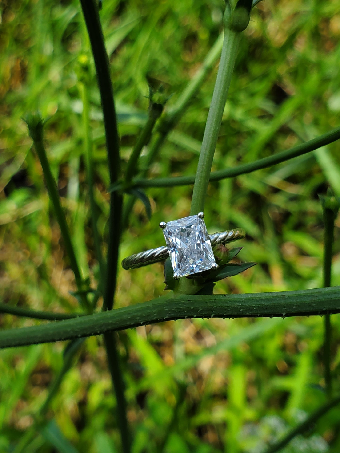 The Mariann: 10K White Gold or Sterling Silver Rope Ring With 1.5 ct. Radiant Moissanite or CZ, Western Engagement Ring, Western Wedding Band, Cowgirl Ring, Rope Engagement Ring