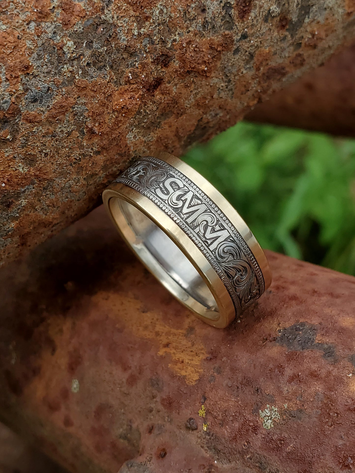The Milo: 8mm, 10K, 14K or 18K White and Yellow Gold Men's Western Wedding Band, Custom Engraved Initial, Hand-Engraved Cowboy Wedding Ring, Men's Engraved Wedding Band, 8mm Wedding Band for Men, Two-tone Men's Ring