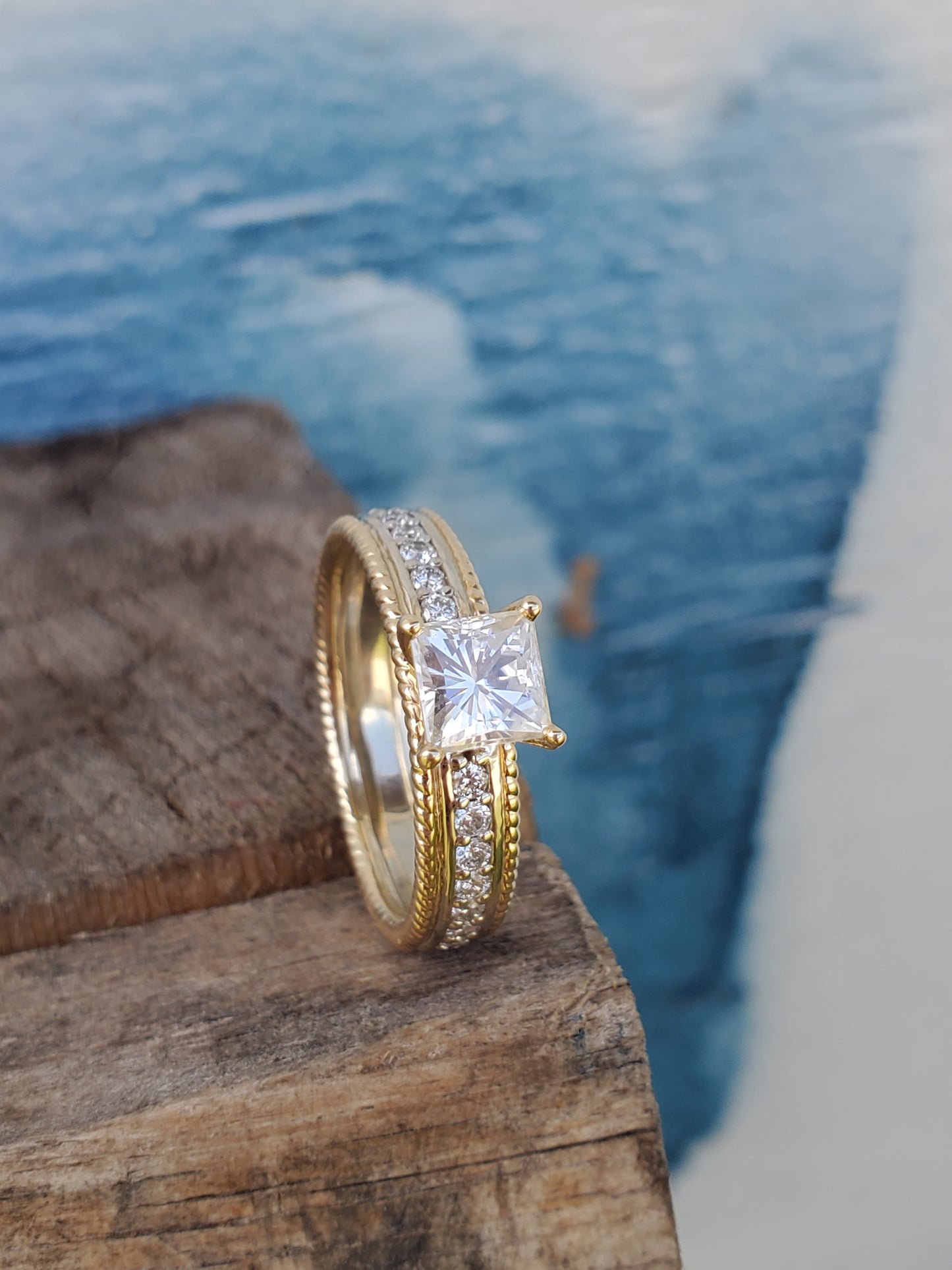 The Milena Set: Trio of 10K Yellow Gold Rings, Two-Tone Engagement Ring, Cowgirl Wedding Bands, Western Engagement Ring, Diamond Engagement Ring for Cowgirl, Western Wedding Band Set, Cowboy Wedding Rings