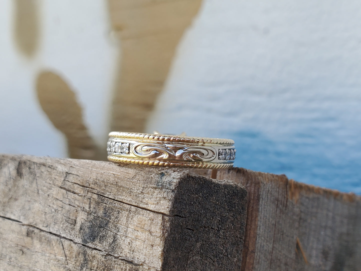 The Milena Set: Trio of 10K Yellow Gold Rings, Two-Tone Engagement Ring, Cowgirl Wedding Bands, Western Engagement Ring, Diamond Engagement Ring for Cowgirl, Western Wedding Band Set, Cowboy Wedding Rings