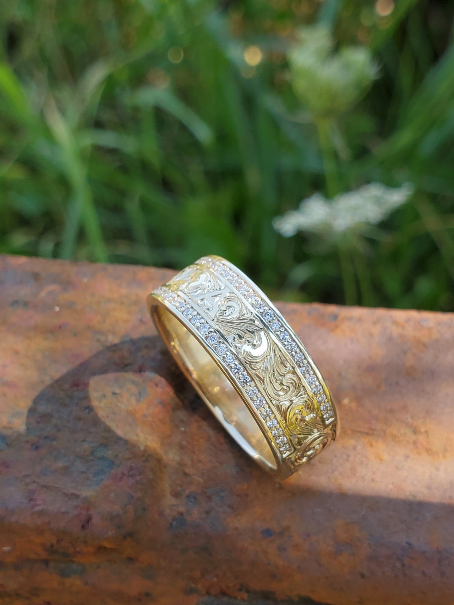 The Mateo: 10K Yellow Gold Men's Band With Channel Set Lab Diamonds, 8mm or 10mm Cowboy Wedding Band, Hand-Engraved Men's Ring
