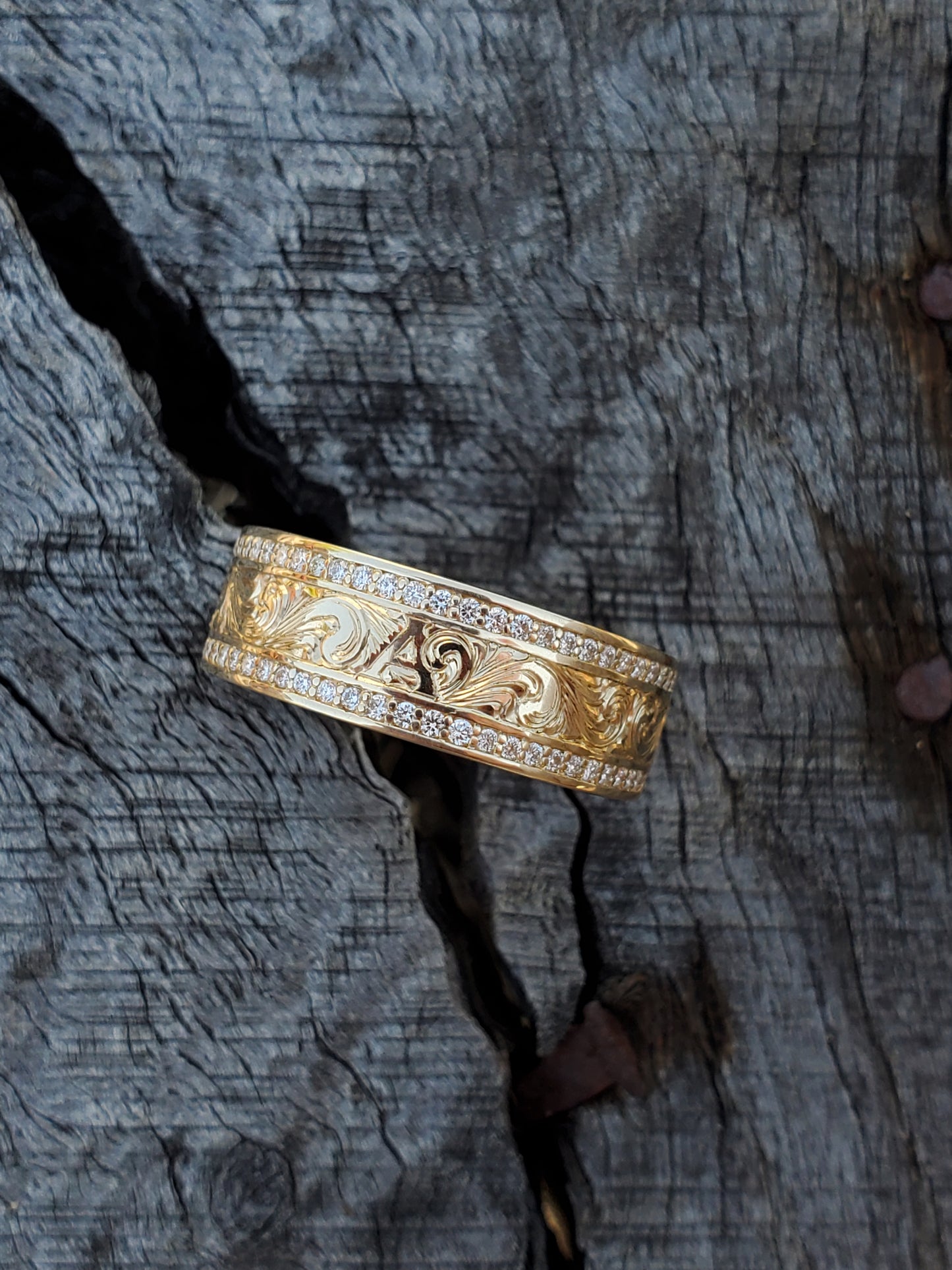 The Mateo: 10K Yellow Gold Men's Band With Channel Set Lab Diamonds, 8mm or 10mm Cowboy Wedding Band, Hand-Engraved Men's Ring