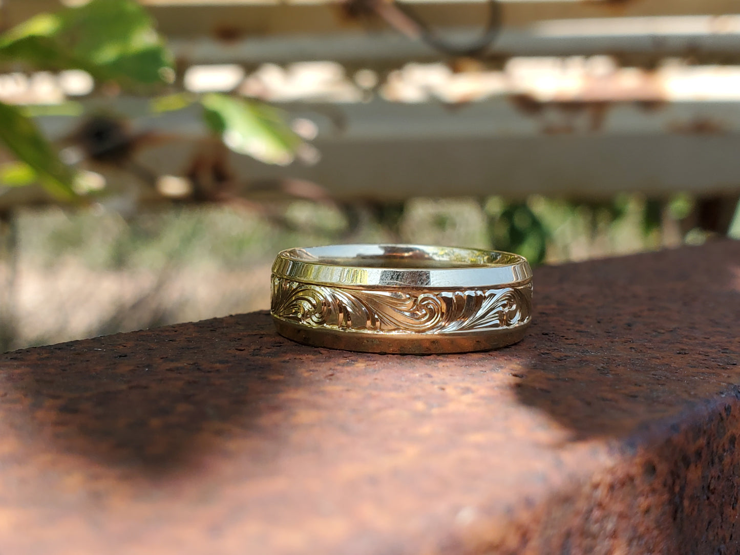 The Hyde: Beveled Edge Men's Wedding Band in Yellow Gold, Comfort Fit Men's Wedding Band, Hand-Engraved Beveled Edge Ring, Western Wedding Band For Him, Cowboy Wedding Ring