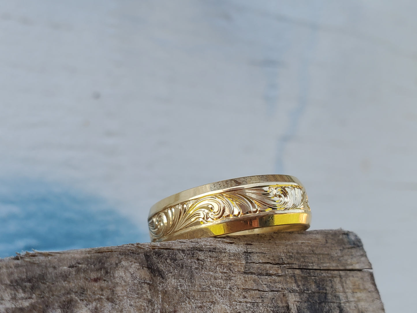 The Hyde: Beveled Edge Men's Wedding Band in Yellow Gold, Comfort Fit Men's Wedding Band, Hand-Engraved Beveled Edge Ring, Western Wedding Band For Him, Cowboy Wedding Ring
