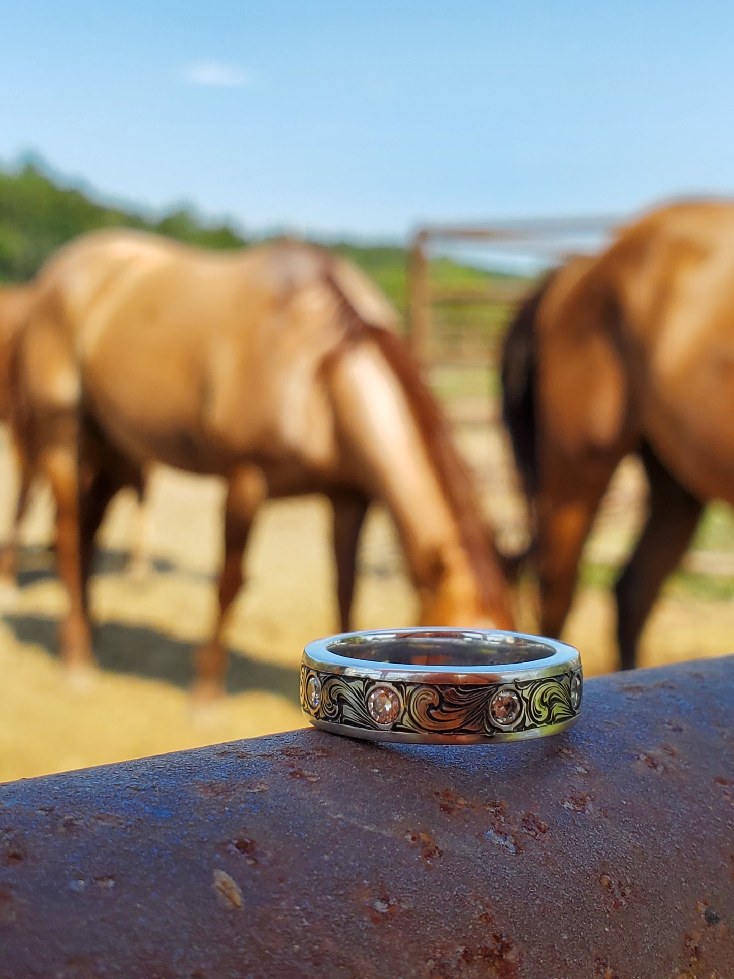 The Taylah: 6mm Wedding Band with Diamonds and Scrollwork, Women's Western Wedding band, Chunky Women's Wedding Ring, Hand-Engraved Ring, Wide Wedding Band for Her, Engraved flower wedding ring