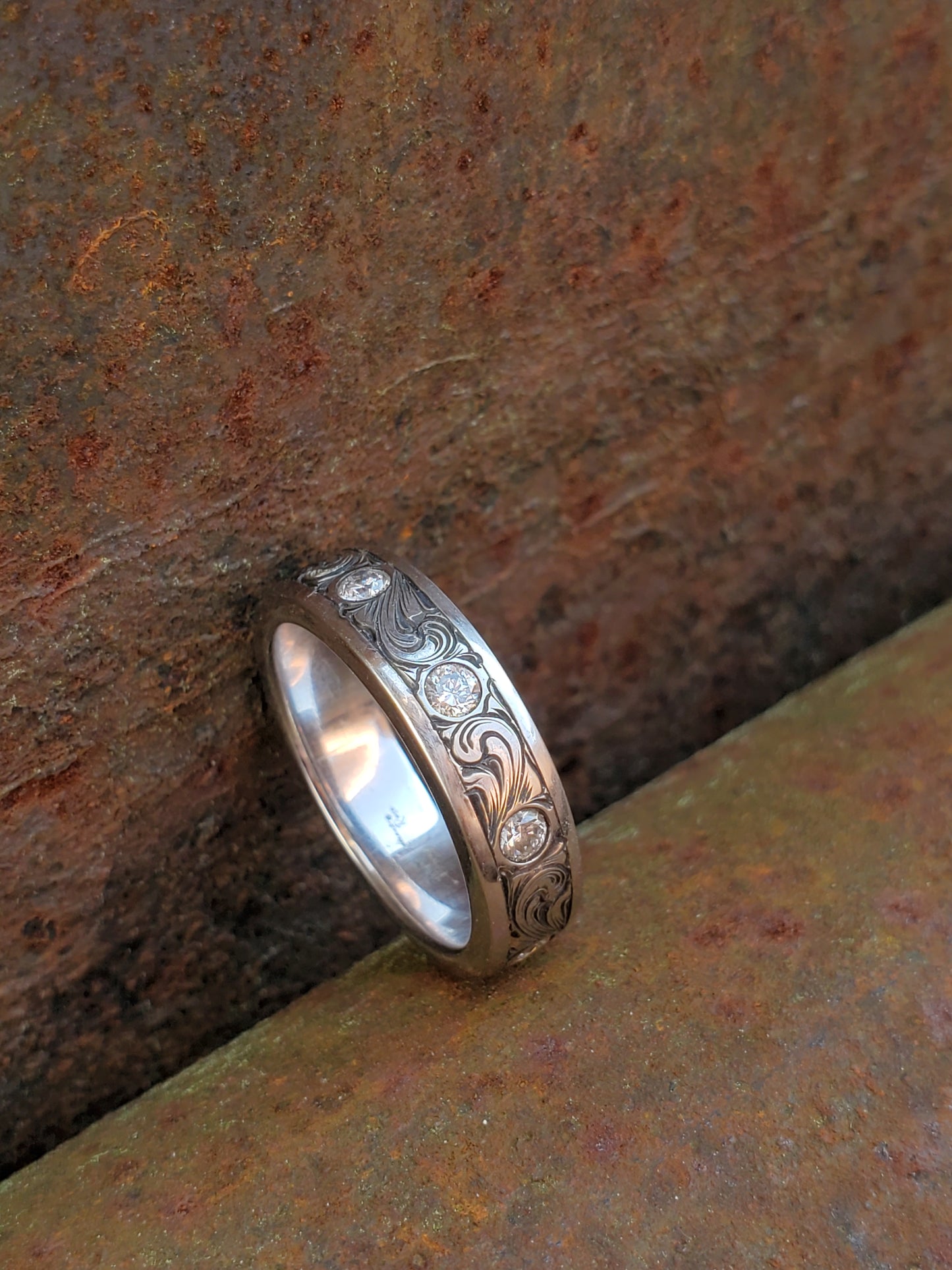 The Taylah: 6mm Wedding Band with Diamonds and Scrollwork, Women's Western Wedding band, Chunky Women's Wedding Ring, Hand-Engraved Ring, Wide Wedding Band for Her, Engraved flower wedding ring