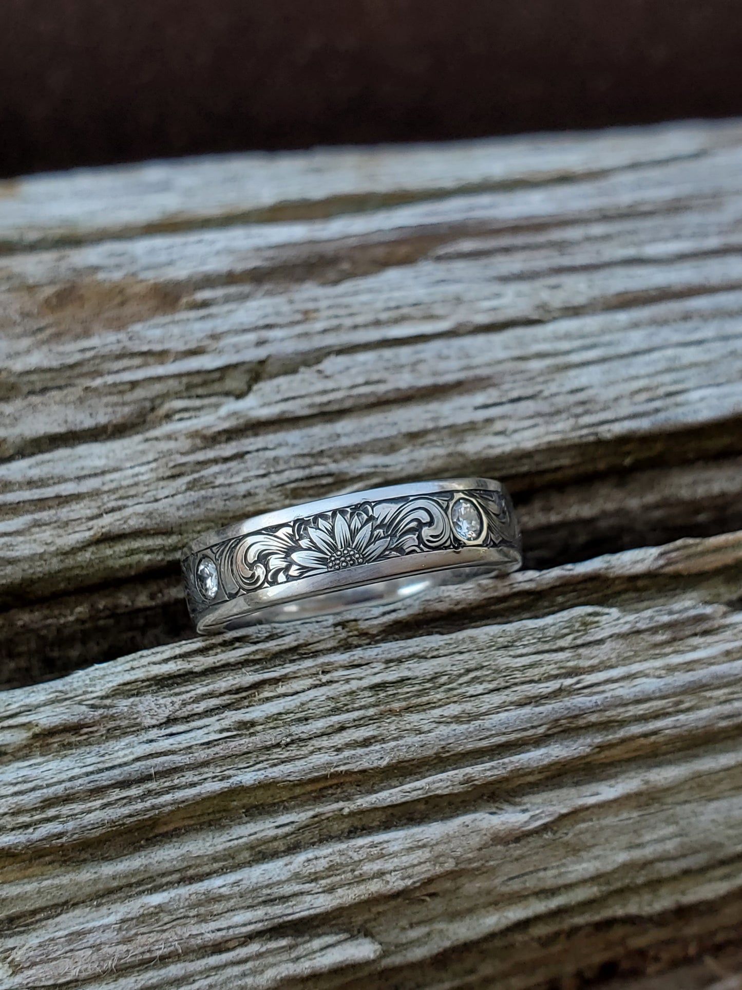 The Taylah: 6mm Wedding Band with Diamonds and Scrollwork, Women's Western Wedding band, Chunky Women's Wedding Ring, Hand-Engraved Ring, Wide Wedding Band for Her, Engraved flower wedding ring