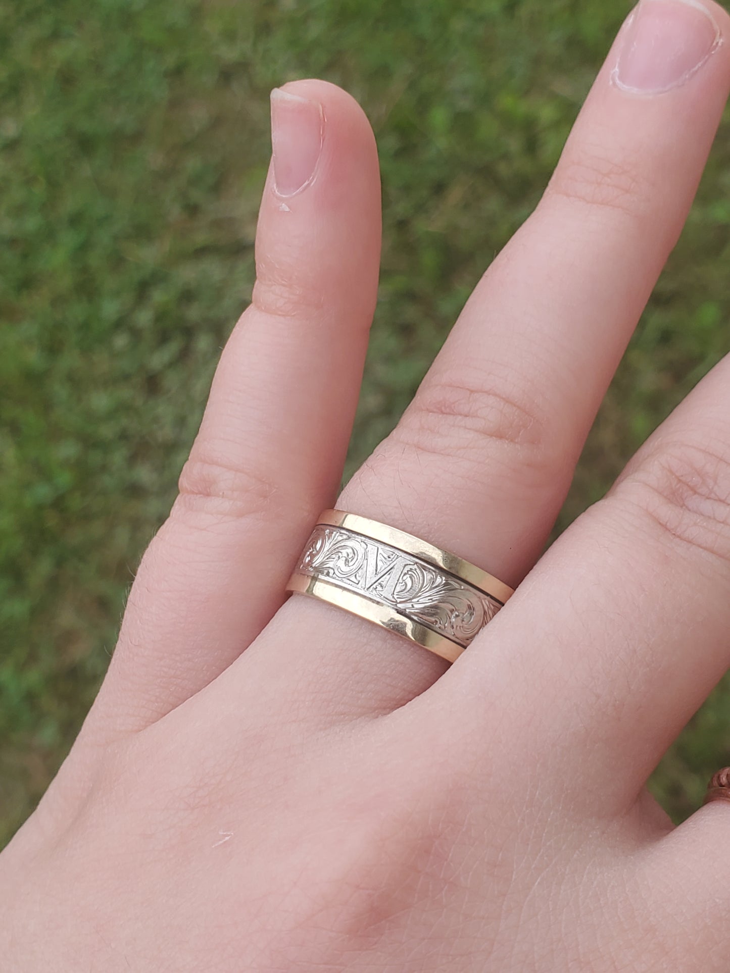 The Milo: 8mm, 10K, 14K or 18K White and Yellow Gold Men's Western Wedding Band, Custom Engraved Initial, Hand-Engraved Cowboy Wedding Ring, Men's Engraved Wedding Band, 8mm Wedding Band for Men, Two-tone Men's Ring