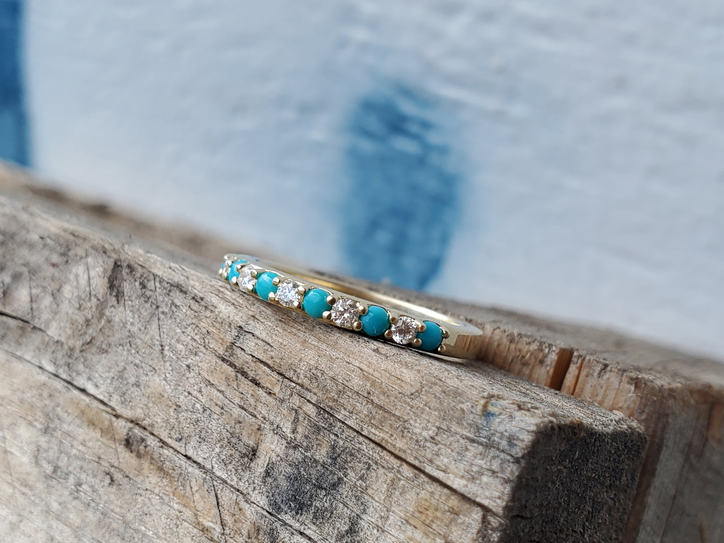The Cassie in Yellow Gold: 10K Gold Band with Alternating Diamonds and Turquoise, Western Wedding bands, white gold and diamond wedding band, Western anniversary ring, Turquoise and Diamond Stacking Band