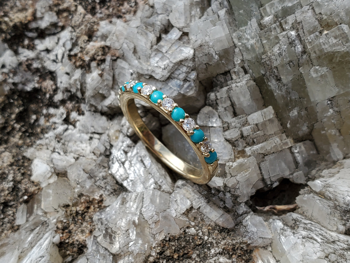 The Cassie in Yellow Gold: 10K Gold Band with Alternating Diamonds and Turquoise, Western Wedding bands, white gold and diamond wedding band, Western anniversary ring, Turquoise and Diamond Stacking Band