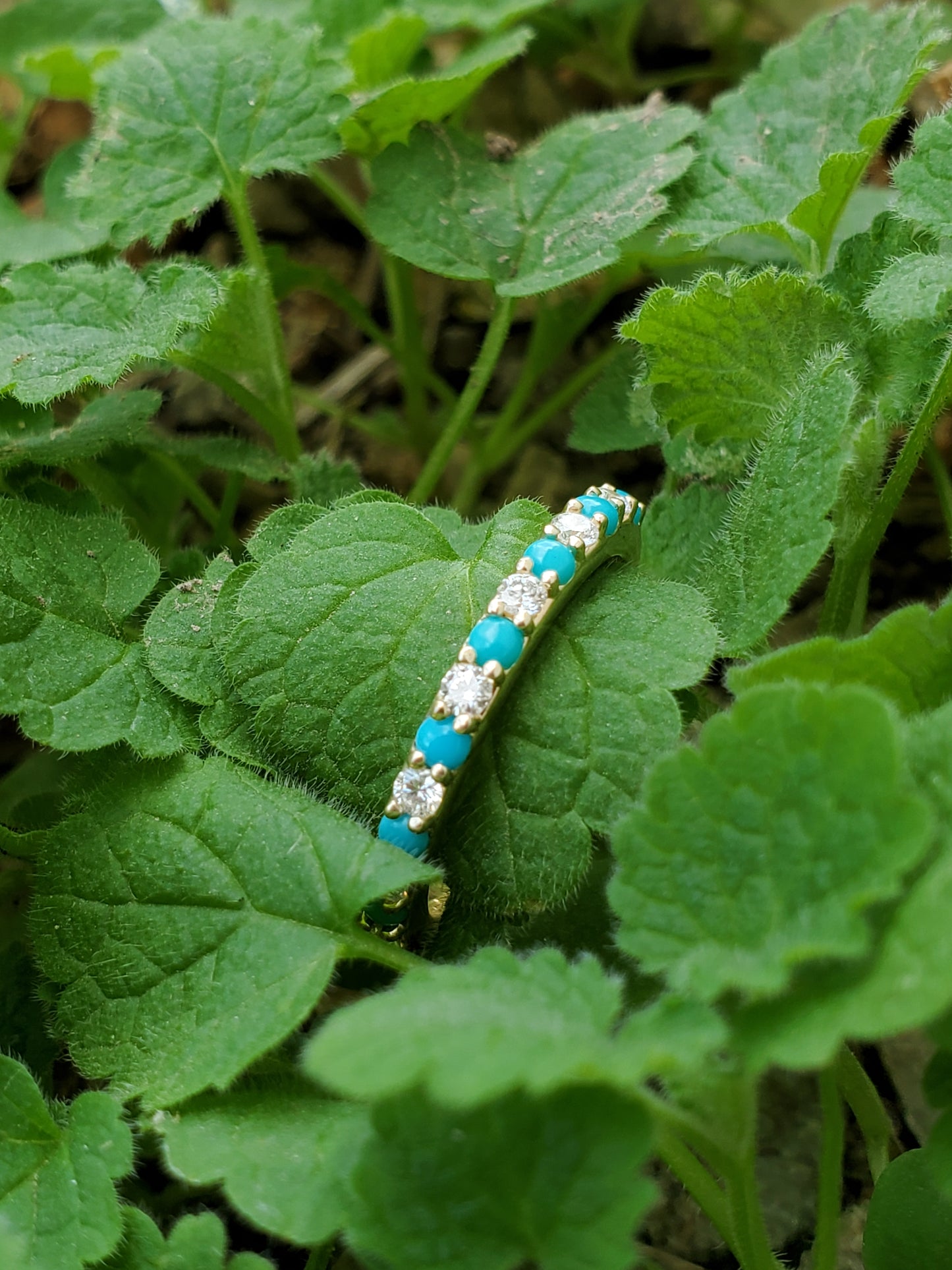 The Cassie in Yellow Gold: 10K Gold Band with Alternating Diamonds and Turquoise, Western Wedding bands, white gold and diamond wedding band, Western anniversary ring, Turquoise and Diamond Stacking Band