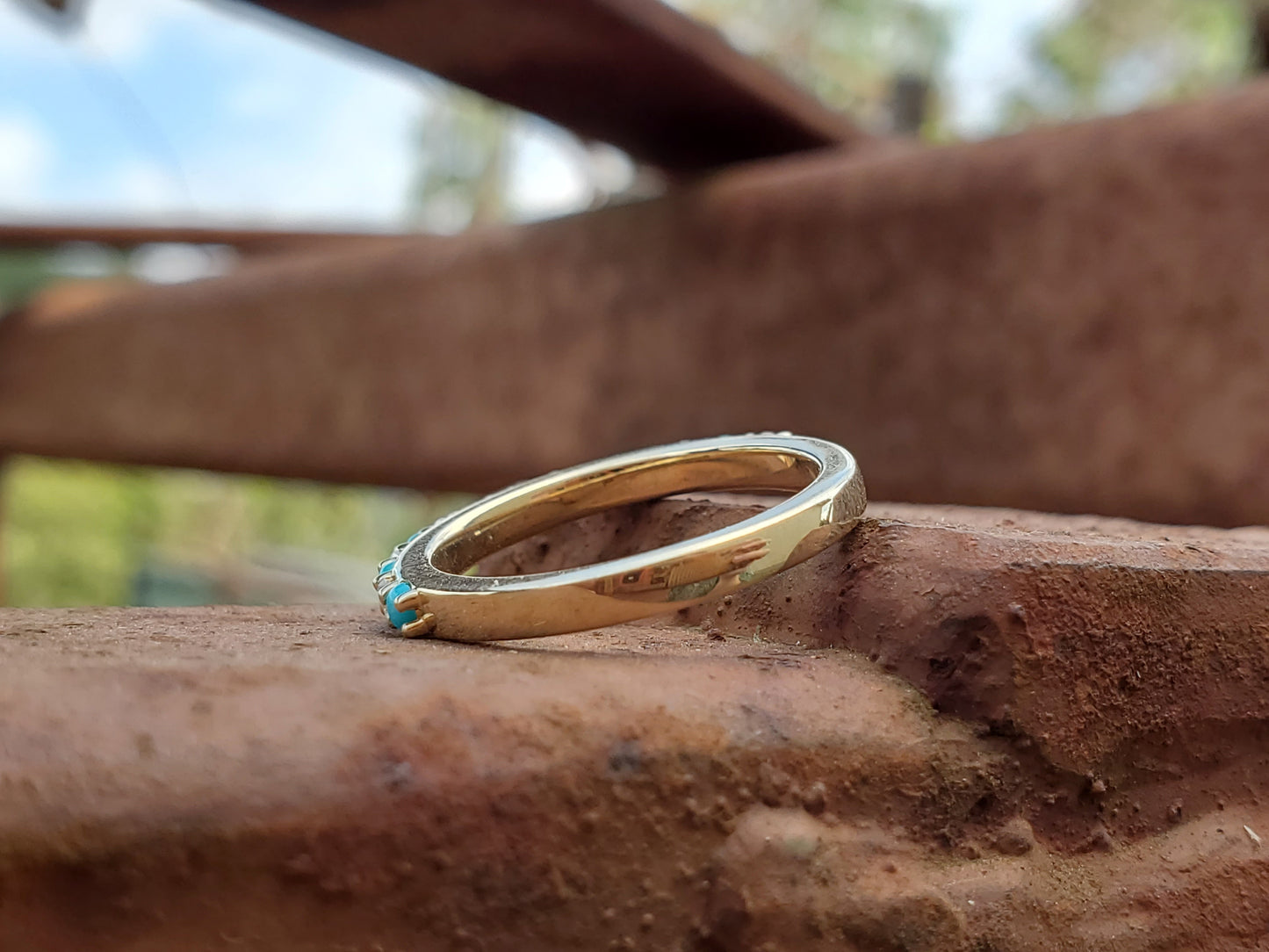 The Cassie in Yellow Gold: 10K Gold Band with Alternating Diamonds and Turquoise, Western Wedding bands, white gold and diamond wedding band, Western anniversary ring, Turquoise and Diamond Stacking Band
