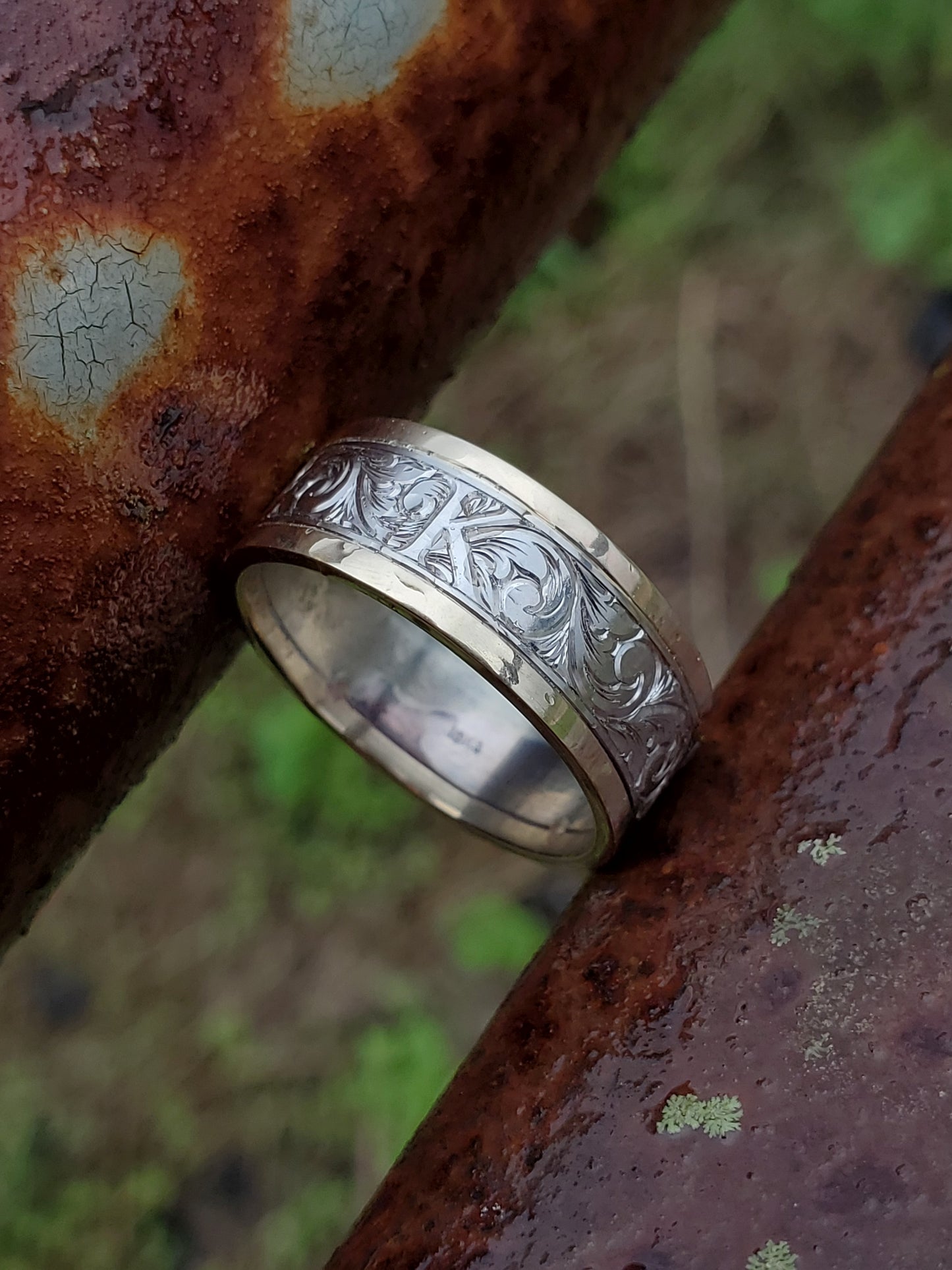 The Milo: 8mm, 10K, 14K or 18K White and Yellow Gold Men's Western Wedding Band, Custom Engraved Initial, Hand-Engraved Cowboy Wedding Ring, Men's Engraved Wedding Band, 8mm Wedding Band for Men, Two-tone Men's Ring