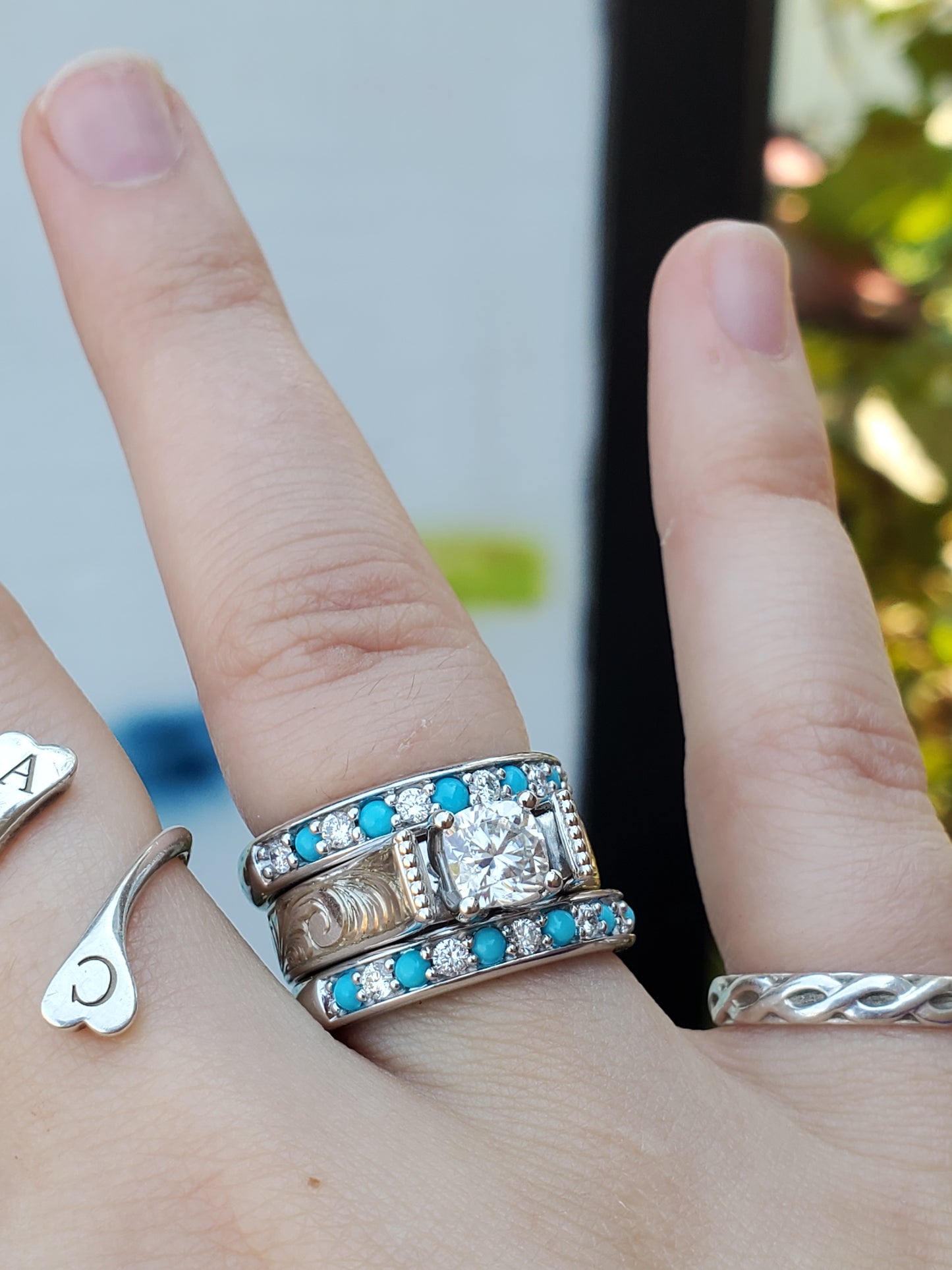 The Callie: 10K White Gold or Platinum Band with Alternating Diamonds and Turquoise, Western Wedding bands, white gold and diamond wedding band, Western anniversary ring