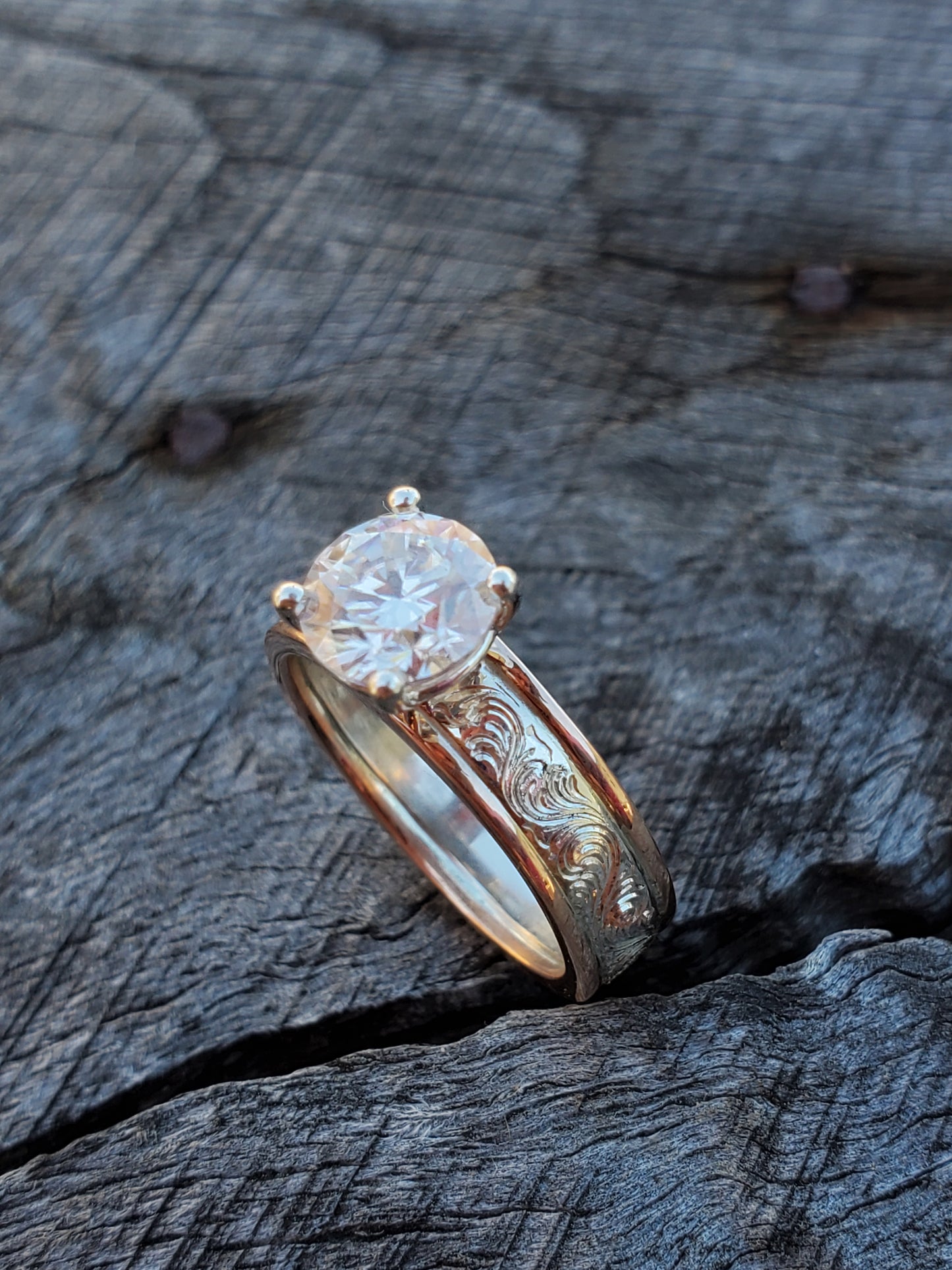 The Jada: Two-Tone Hand-Engraved Western Engagement Ring with 1.25ct Lab Diamond or Moissanite Center, Cowgirl Engagement Ring