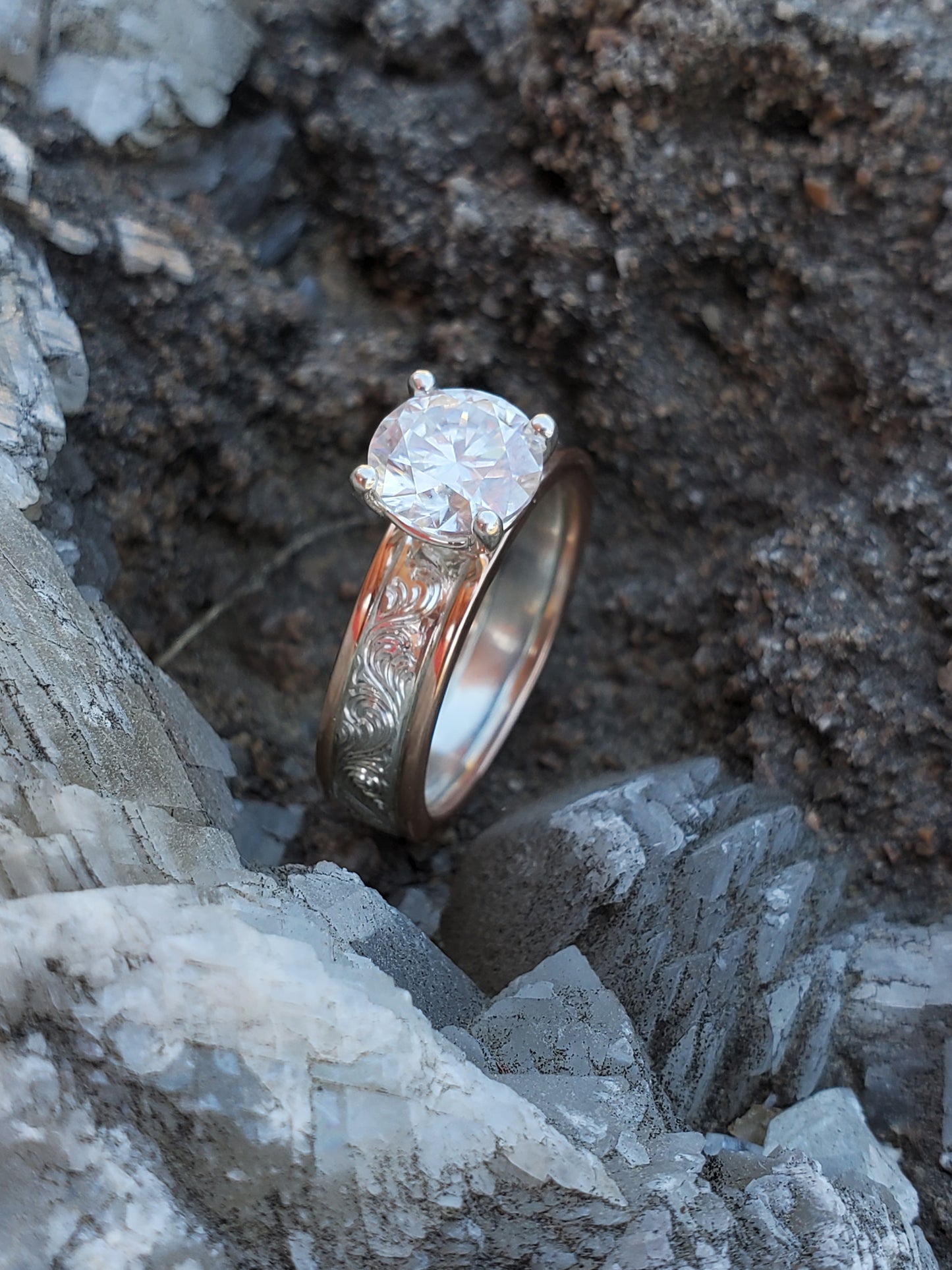 The Jada: Two-Tone Hand-Engraved Western Engagement Ring with 1.25ct Lab Diamond or Moissanite Center, Cowgirl Engagement Ring