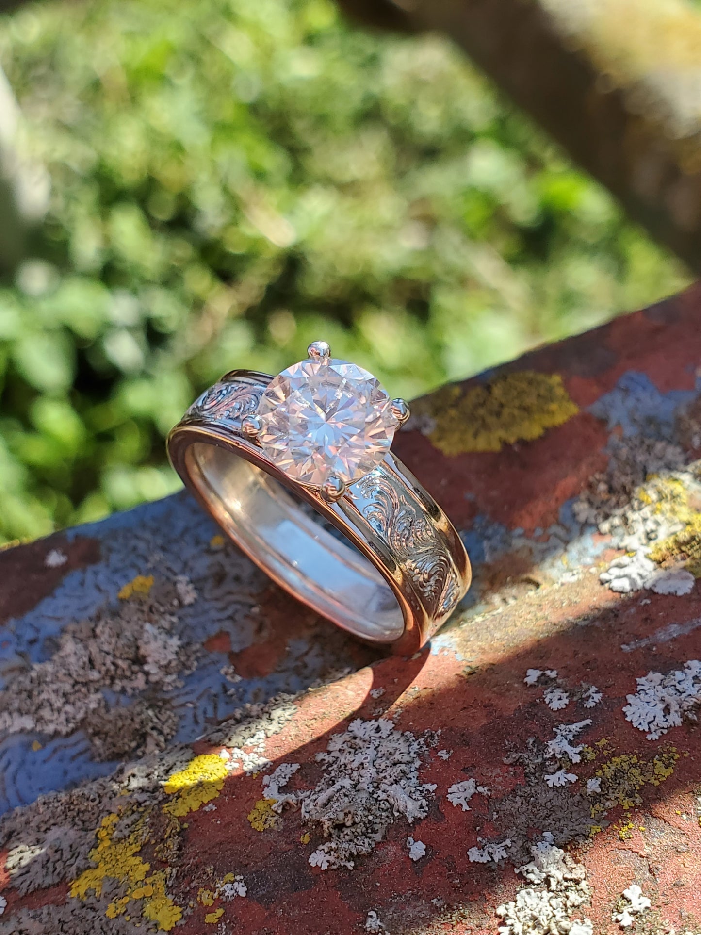 The Jada: Two-Tone Hand-Engraved Western Engagement Ring with 1.25ct Lab Diamond or Moissanite Center, Cowgirl Engagement Ring