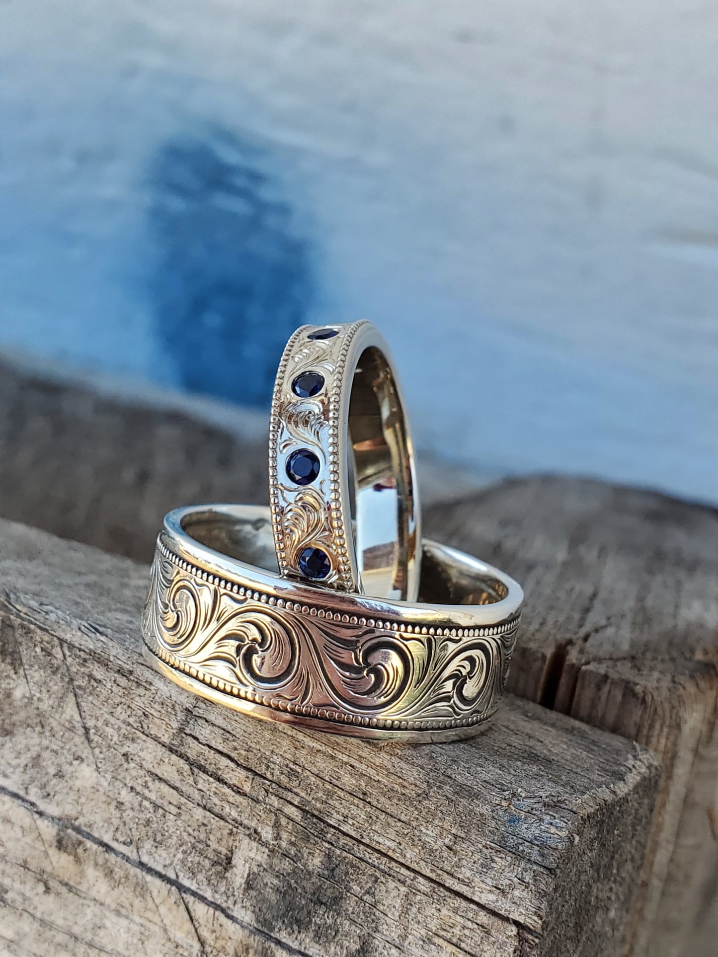 The Elodie: Hand-Engraved Sapphire Wedding Band, White Gold and Sapphire Ring, Women's Western Wedding Ring, Narrow Hand-Engraved Ring, Cowgirl Jewelry, Sapphire Stacking Band