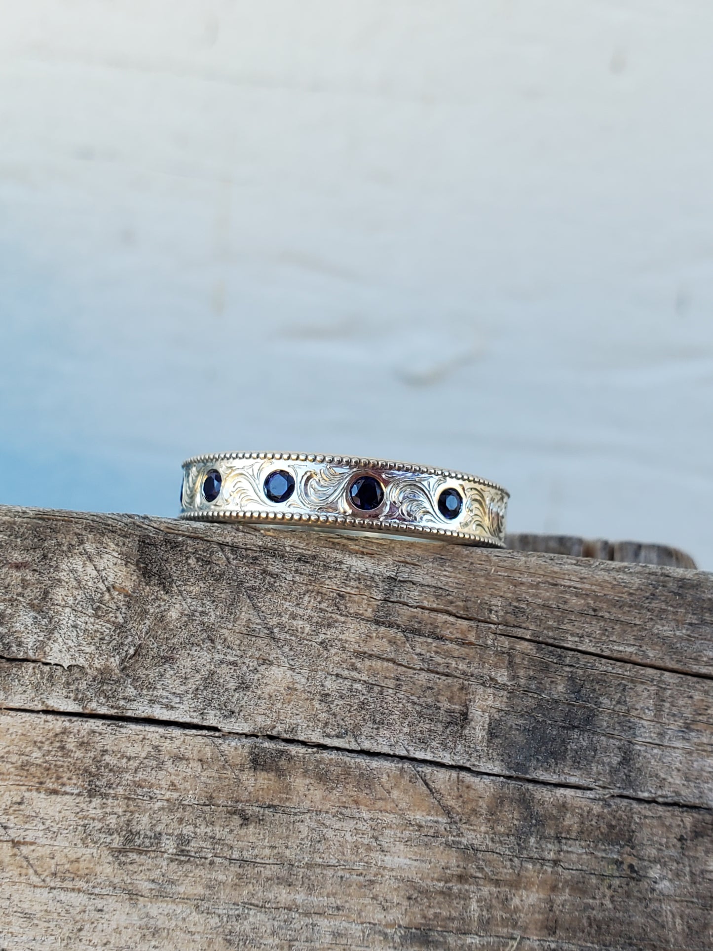 The Elodie: Hand-Engraved Sapphire Wedding Band, White Gold and Sapphire Ring, Women's Western Wedding Ring, Narrow Hand-Engraved Ring, Cowgirl Jewelry, Sapphire Stacking Band