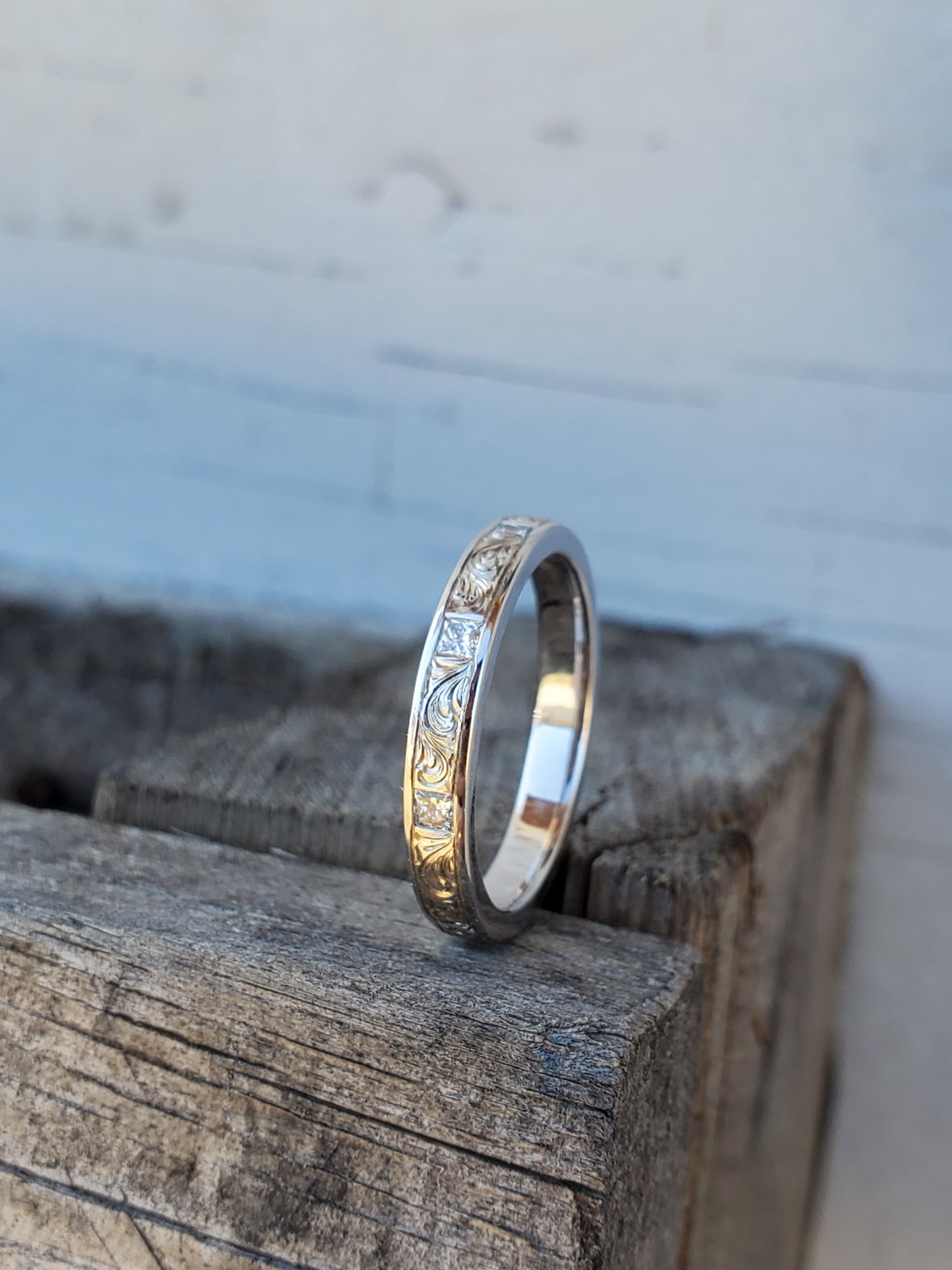 The Eva: Band with Inset Princess Cut Diamonds, Dainty 10K White Gold Wedding Band, Cowgirl Wedding Ring, Cowgirl Ring, Diamond Wedding Band