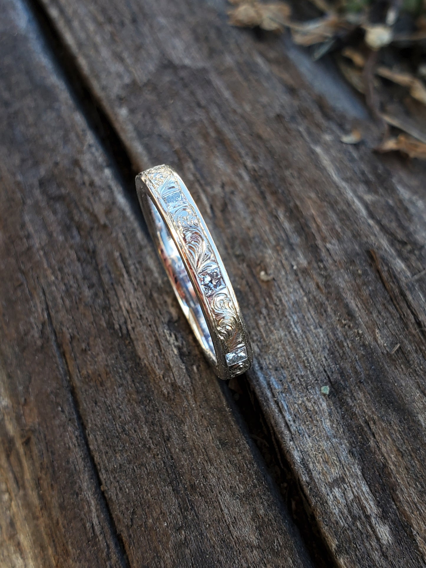 The Eva: Band with Inset Princess Cut Diamonds, Dainty 10K White Gold Wedding Band, Cowgirl Wedding Ring, Cowgirl Ring, Diamond Wedding Band