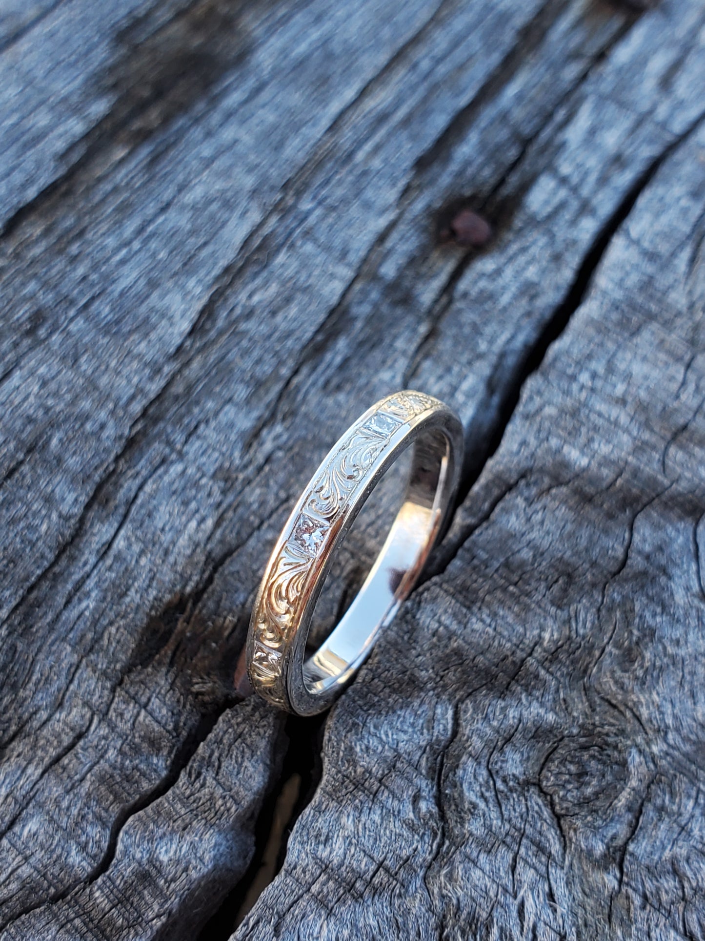 The Eva: Band with Inset Princess Cut Diamonds, Dainty 10K White Gold Wedding Band, Cowgirl Wedding Ring, Cowgirl Ring, Diamond Wedding Band