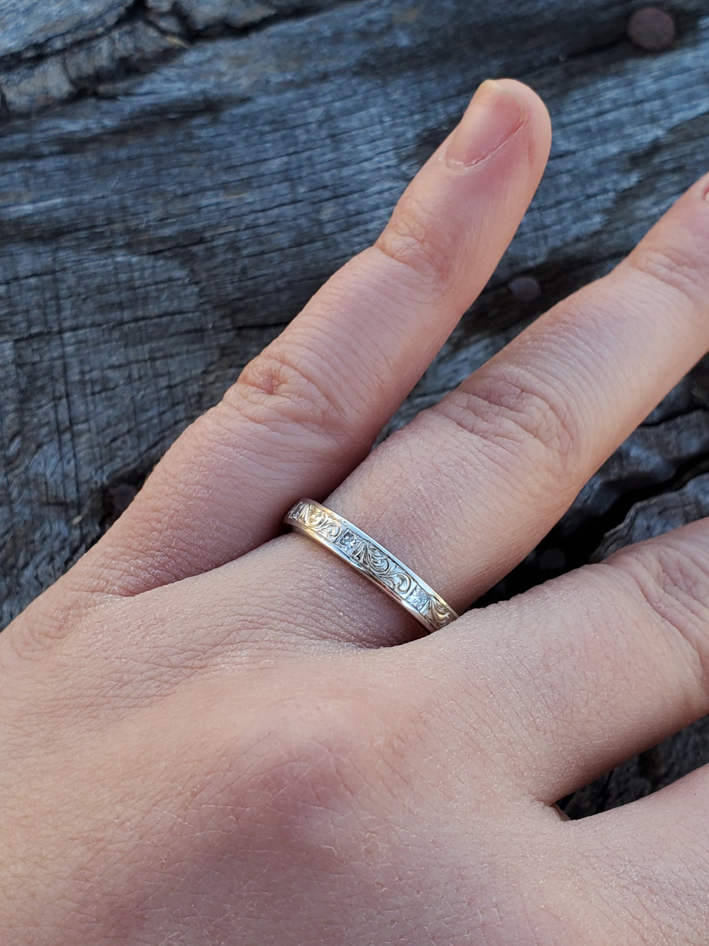 The Eva: Band with Inset Princess Cut Diamonds, Dainty 10K White Gold Wedding Band, Cowgirl Wedding Ring, Cowgirl Ring, Diamond Wedding Band