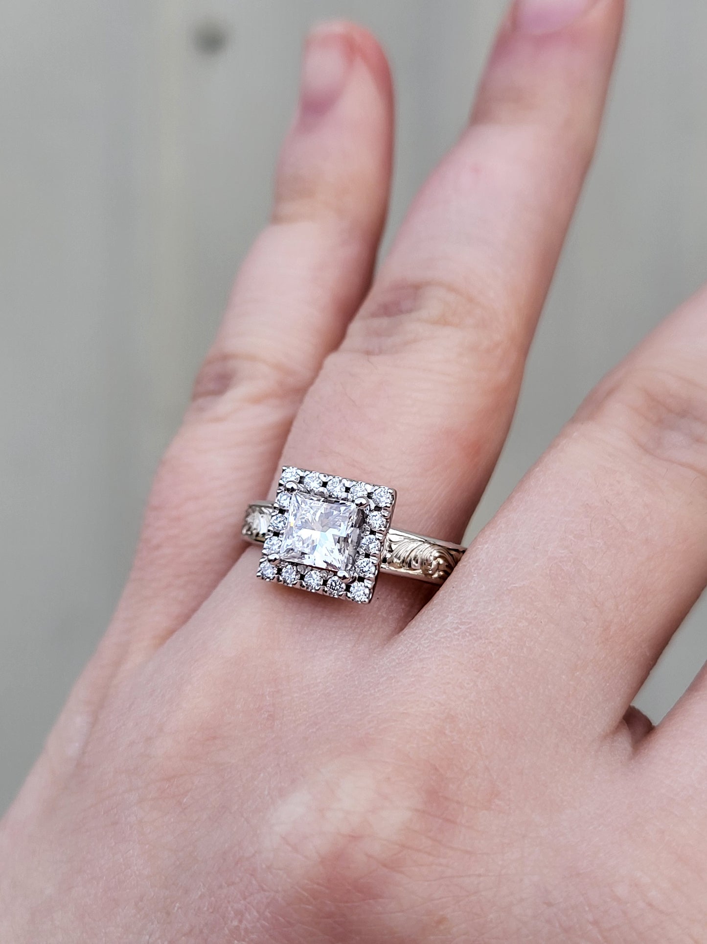The Francine: Princess cut with Square Halo, 10K, 14K, or 18K White Gold Engagement Ring with 1- 1.75ct Princess Cut Center, Cowgirl Engagement Ring