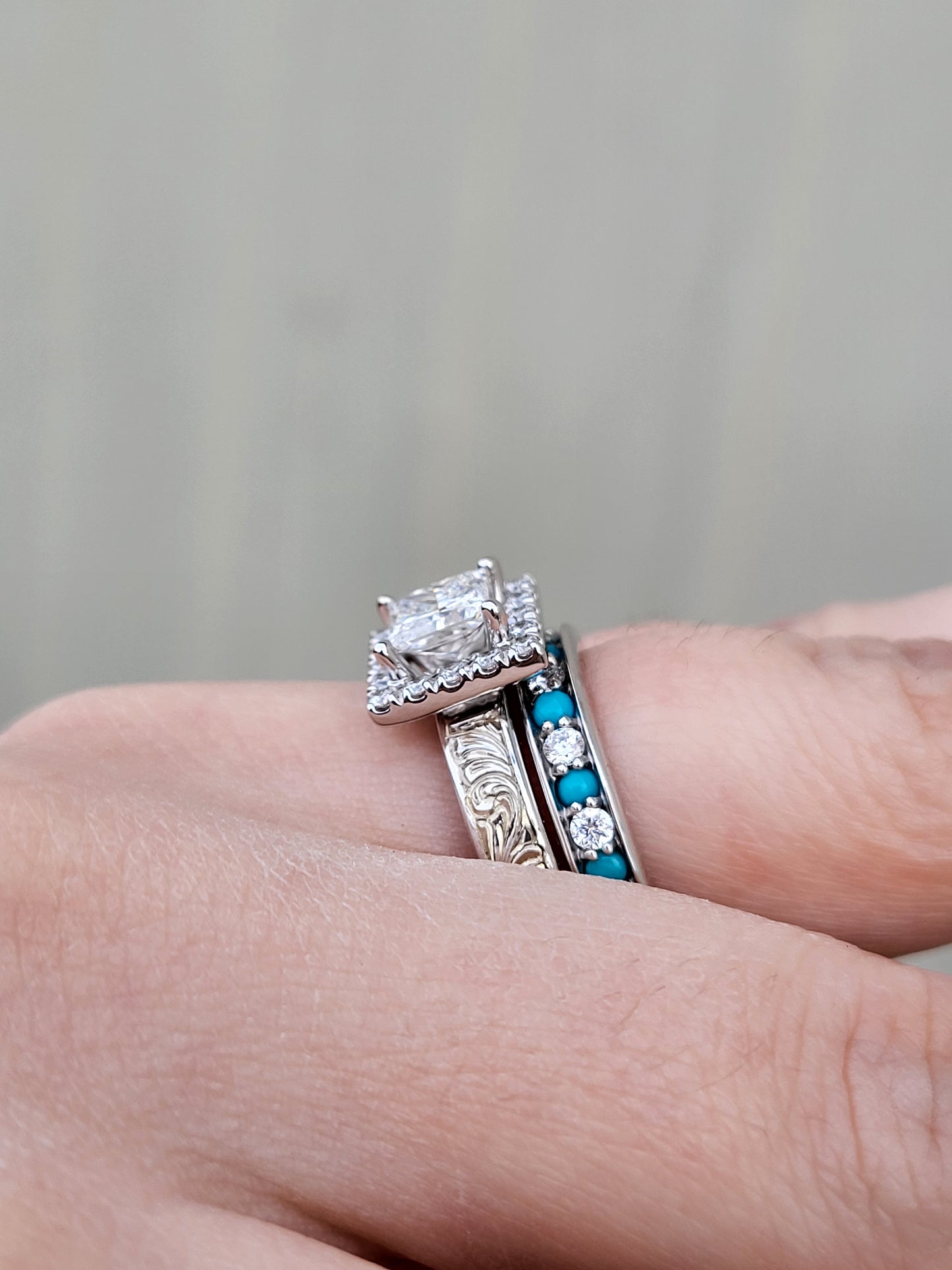 The Francine: Princess cut with Square Halo, 10K, 14K, or 18K White Gold Engagement Ring with 1- 1.75ct Princess Cut Center, Cowgirl Engagement Ring