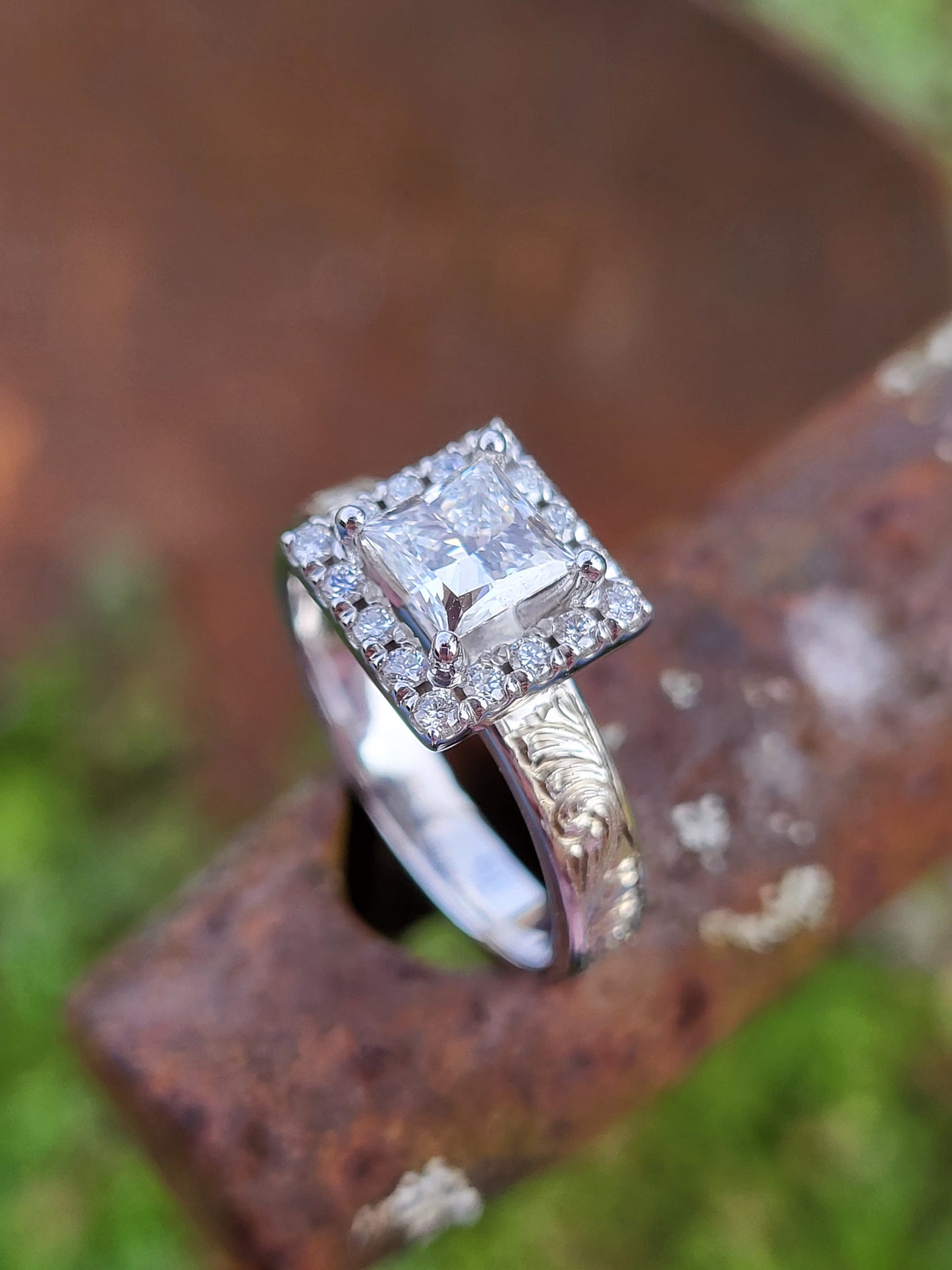The Francine: Princess cut with Square Halo, 10K, 14K, or 18K White Gold Engagement Ring with 1- 1.75ct Princess Cut Center, Cowgirl Engagement Ring