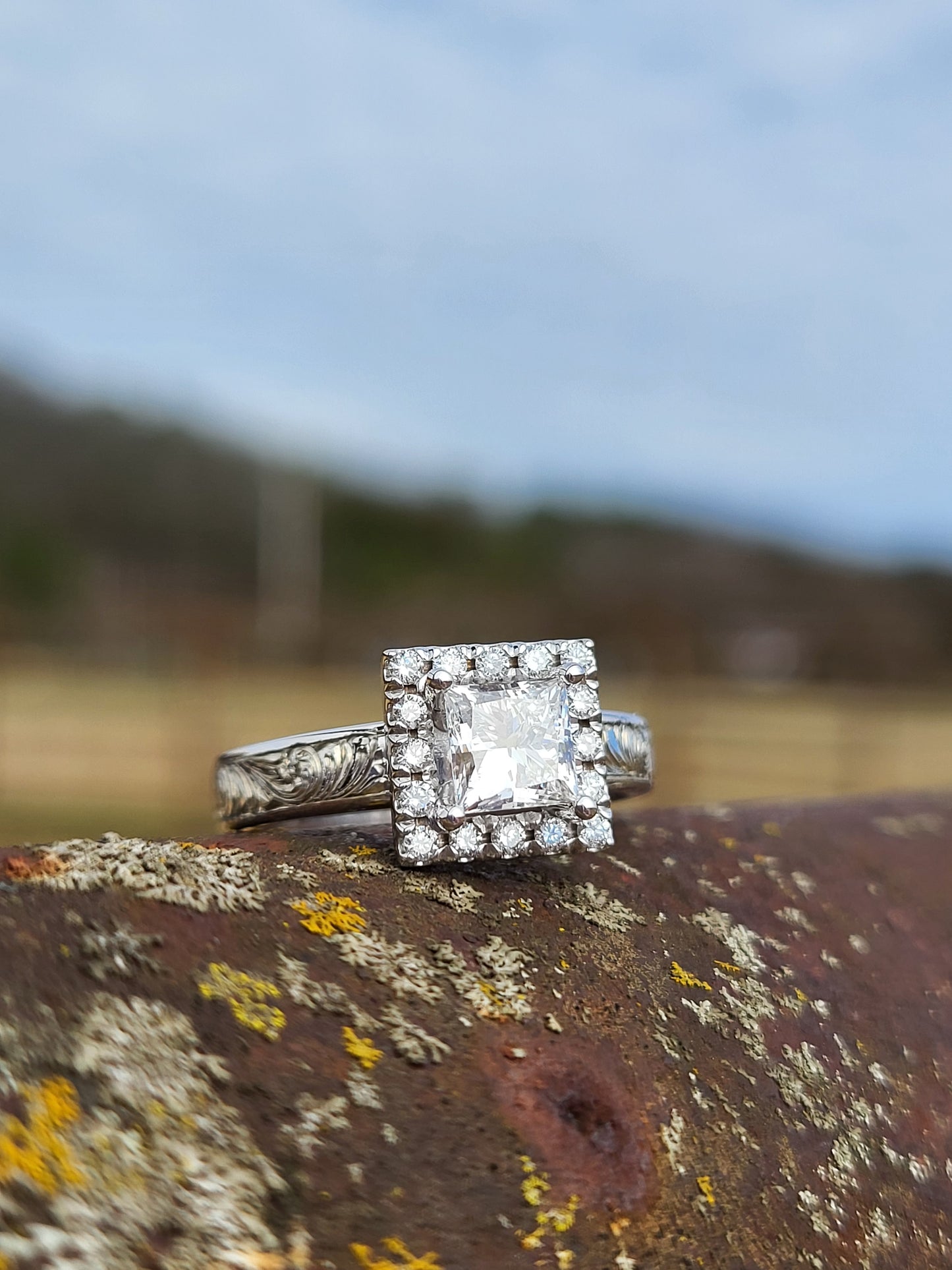 The Francine: Princess cut with Square Halo, 10K, 14K, or 18K White Gold Engagement Ring with 1- 1.75ct Princess Cut Center, Cowgirl Engagement Ring
