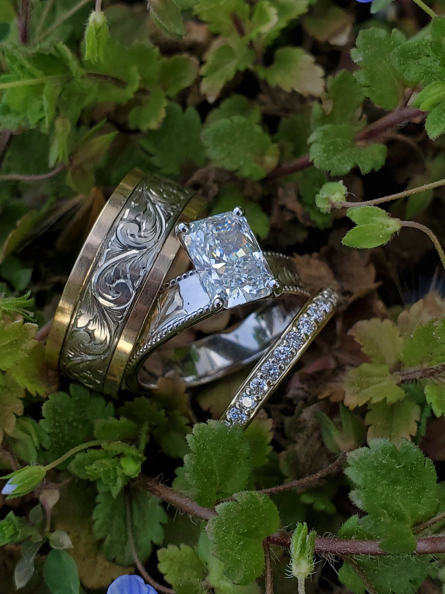 The Iris: 5mm, 2ct Radiant Cut Silver or White Gold Upraised Milgrain Ring, Cowgirl moissanite ring, western engagement ring, cowgirl ring, white gold engagement ring